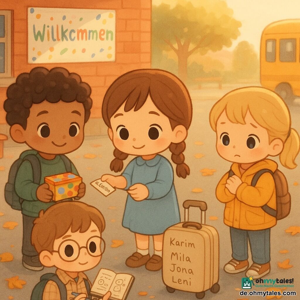 Vier Kinder: Mila, Mädchen, 9 Jahre, braune Haare in zwei Zöpfen, hellblaues Kleid, kleine beige Rollkoffer mit vier Namen seitlich, steht in der Mitte und reicht ein kleines Zettelchen mit der Aufschrift „Wollseil“ an Leni; Karim, Junge, 9 Jahre, dunkle Locken, grüner Sweater, links von Mila, bietet fröhlich Kekse in einer bunten Dose an; Jona, Junge, 9 Jahre, hellbraune Haare, runde Brille, karierte Hemd, rechts von Mila, hält ein aufgeschlagenes Notizbuch mit Gesprächsskizzen und einen Stift; Leni, Mädchen, 9 Jahre, blondes Pferdeschwanz, gelbe Jacke, ganz rechts, trägt kleinen Rucksack, umklammert den Arm und schaut traurig aber gefasst dem wegfahrenden Bus nach. Ort: gepflasterter Schulhof mit graßem Asphalt, herbstlichen braunen Blättern, roter Backsteinfassade mit bunter «Willkommen»-Plakate, einer Holzbank und einem gelben Schulbus im Hintergrund, weiches Spätnachmittagslicht, lange Schatten, warme Pastelltöne. Szene: zärtlicher, ruhiger Abschied; die vier stehen eng beieinander, reichen sich symbolische Gegenstände, umarmen sich kurz und winken dem Bus; Ausdruck emotional aber beruhigend, Chibi‑Kawaii‑Stil mit runden Zügen, großen glänzenden Augen, satten Farben und klaren Konturen.
