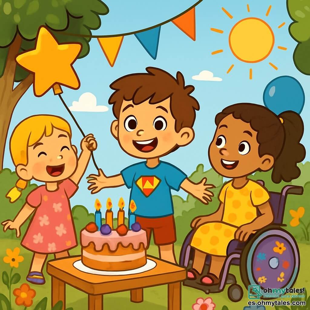 Hay 3 personajes: - Lucas: un niño de 10 años, con el cabello castaño desordenado y ojos brillantes. Lleva una camiseta azul con un diseño de superhéroe y un pantalón corto rojo. Está en el centro de la imagen, sonriendo, rodeado de sus amigos. - Carla: una niña de 10 años, con cabello largo y rizado, recogido en una coleta. Está en una silla de ruedas decorada con pegatinas coloridas. Lleva un vestido amarillo con lunares y sonríe alegremente a Lucas. - Sofia: una niña de 6 años, con cabello rubio y trenzas. Viste un vestido rosa con flores y sostiene un globo en forma de estrella. Está al lado de Lucas, levantando el globo con entusiasmo. El lugar es un jardín soleado, lleno de guirnaldas coloridas colgadas entre los árboles. Hay una gran mesa con un enorme pastel de cumpleaños decorado con velas y frutas. Globos flotan en el aire y flores multicolores bordean el camino. La situación principal muestra a Lucas, Carla y Sofia celebrando el cumpleaños de Lucas. Ríen y se divierten, rodeados de decoraciones festivas, mientras los rayos del sol iluminan sus rostros alegres.