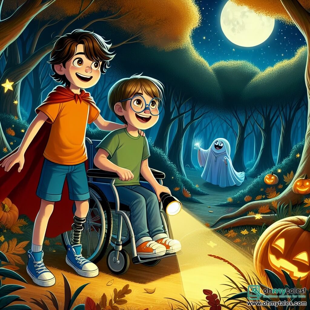 There are two boys: Max, 10 years old with messy brown hair and a big smile, wearing an orange t-shirt and blue shorts, stands on the left holding a flashlight that lights the path. Next to him, Leo, also 10, is in his blue wheelchair, with sparkling eyes and a flowing red cape, laughing joyfully. Their environment is an enchanted forest, with tall, twisting trees and golden leaves shimmering under the full moonlight. Shadows dance on the ground, and stars shine in a deep night sky, creating a mysterious and magical atmosphere. The main scene shows the two friends discovering a small glowing ghost named Wisp, floating joyfully above them, while a large, grumpy pumpkin with a friendly smile watches them from a corner of the clearing, ready to share laughs and treasures.