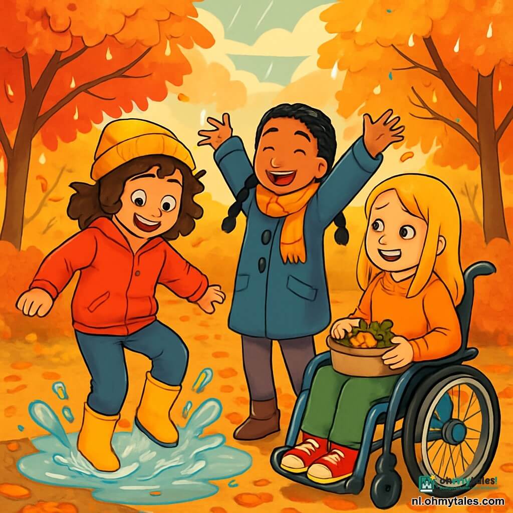 Er zijn 3 personages: - Noor: een 10-jarig meisje met krullend bruin haar, gekleed in een rode jas en een gele muts. Ze springt in een plas water en spettert druppels om zich heen. - Malika: een 10-jarig meisje met gevlochten zwart haar, in een blauwe jas en een oranje sjaal. Ze staat naast Noor, lacht en steekt haar armen in de lucht. - Jinte: een 10-jarig meisje met steil blond haar, zittend in een mooie rolstoel versierd met kleurrijke stickers. Ze glimlacht terwijl ze naar haar vriendinnen kijkt en houdt een klein mandje vast met bladeren en eikels. De locatie is een herfstpark, vol bomen met bladeren in vurige tinten van rood, oranje en geel. De grond is bedekt met een tapijt van dode bladeren en regendruppels schitteren op de takken. Op de achtergrond is een bewolkte lucht te zien met zonnestralen die door de wolken breken. De hoofdscène toont de drie vriendinnen die genieten van een herfstdag, samen spelen in de plassen na een lichte regen, omringd door de kleurrijke schoonheid van de natuur.