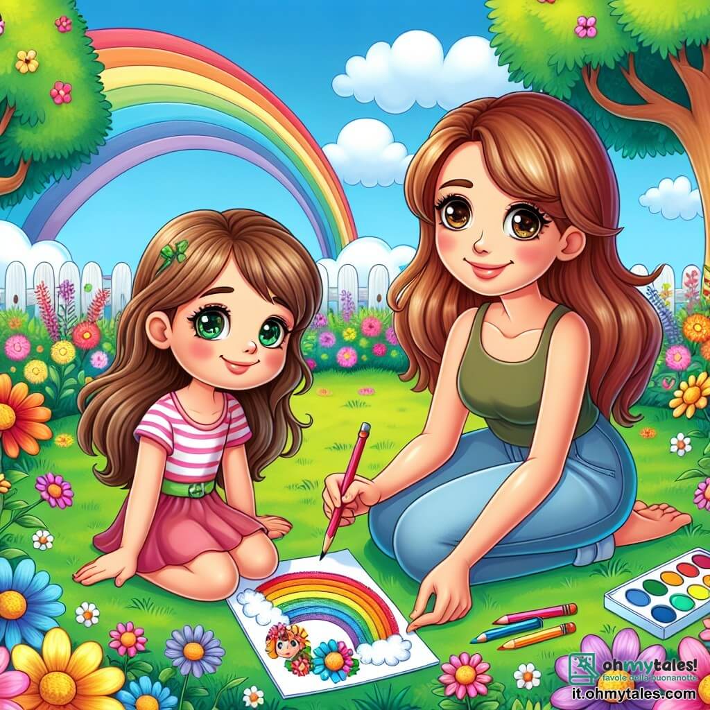 Una bambina di 4 anni, Sofia, con lunghi capelli castani e occhi vivaci, è seduta sull'erba verde del suo giardino colorato. Ha un sorriso dolce ma mostra una leggera tristezza, tenendo una matita in una mano e un disegno di arcobaleno nell'altra. Accanto a lei, sua madre, una donna di circa trent'anni con capelli castani e un sorriso rassicurante, è accovacciata, incoraggiandola con tenerezza mentre tiene una tavolozza di colori vivaci. Il giardino è pieno di fiori brillanti di tutti i colori, con un grande albero sullo sfondo, le cui branche si estendono come braccia protettive. Il cielo è blu con alcune nuvole bianche e soffici, creando un'atmosfera pacifica e gioiosa. Sofia e sua madre stanno disegnando insieme, trasformando il loro momento di creatività in un'avventura in cui i fiori diventano personaggi delle loro storie.