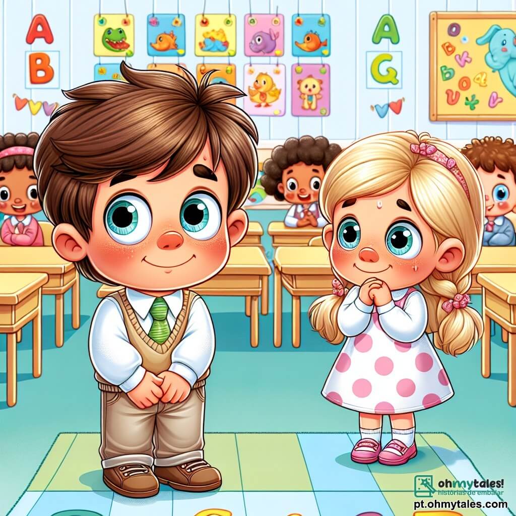 Um menino de 4 anos, com olhos grandes e redondos e cabelos castanhos bagunçados, está de pé em uma sala de aula iluminada. Ele tem uma expressão nervosa, com as bochechas levemente vermelhas, e olha timidamente para os colegas. Ao seu lado, uma menina de 4 anos, com cabelos loiros trançados e um sorriso encorajador, o observa com carinho. A sala de aula é colorida, com cartazes de letras e animais nas paredes, mesas de madeira clara e cadeiras multicoloridas. Ao fundo, crianças sentadas em tapetes riem e brincam, criando uma atmosfera alegre, mas um pouco intimidadora para o menino. A cena principal mostra o menino, com as mãos tremendo, respirando fundo antes de falar para os colegas, enquanto a menina o incentiva com um olhar amigável.