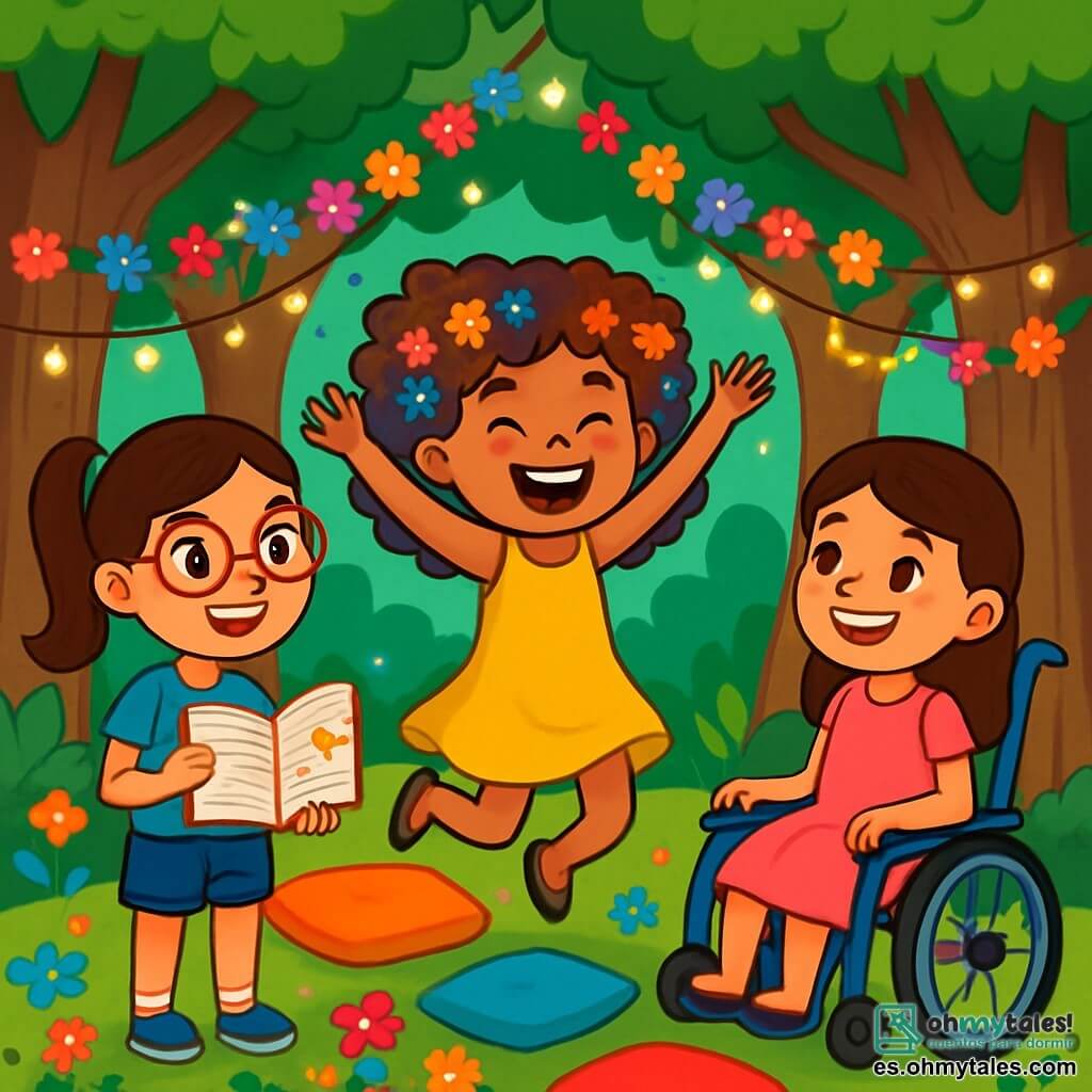 Hay 3 personajes: Lía, una niña de 8 años con cabello rizado y colorido, adornado con pequeñas flores, que lleva un vestido amarillo brillante y salta alegremente en el centro de la imagen; Valeria, una niña de 9 años con gafas brillantes y cabello liso recogido en una coleta, que viste una camiseta azul y un short de mezclilla, sosteniendo un libro abierto y sonriendo curiosamente; y Sofía, una niña de 8 años con una sonrisa radiante, sentada en una bonita silla de ruedas azul, con cabello castaño y un vestido rosa, mirando a sus amigas con entusiasmo. El escenario es un claro en un bosque encantado, rodeado de árboles de troncos gruesos y hojas verdes brillantes, con guirnaldas de flores coloridas y luces centelleantes. En el suelo, una alfombra de flores multicolores y suaves cojines invitan a sentarse y jugar. La situación principal muestra a las tres amigas preparando una gran fiesta para celebrar la igualdad, con Lía saltando de alegría, Valeria leyendo en voz alta ideas de juegos, y Sofía sonriendo, rodeada de decoraciones coloridas, creando una atmósfera de felicidad y unidad.