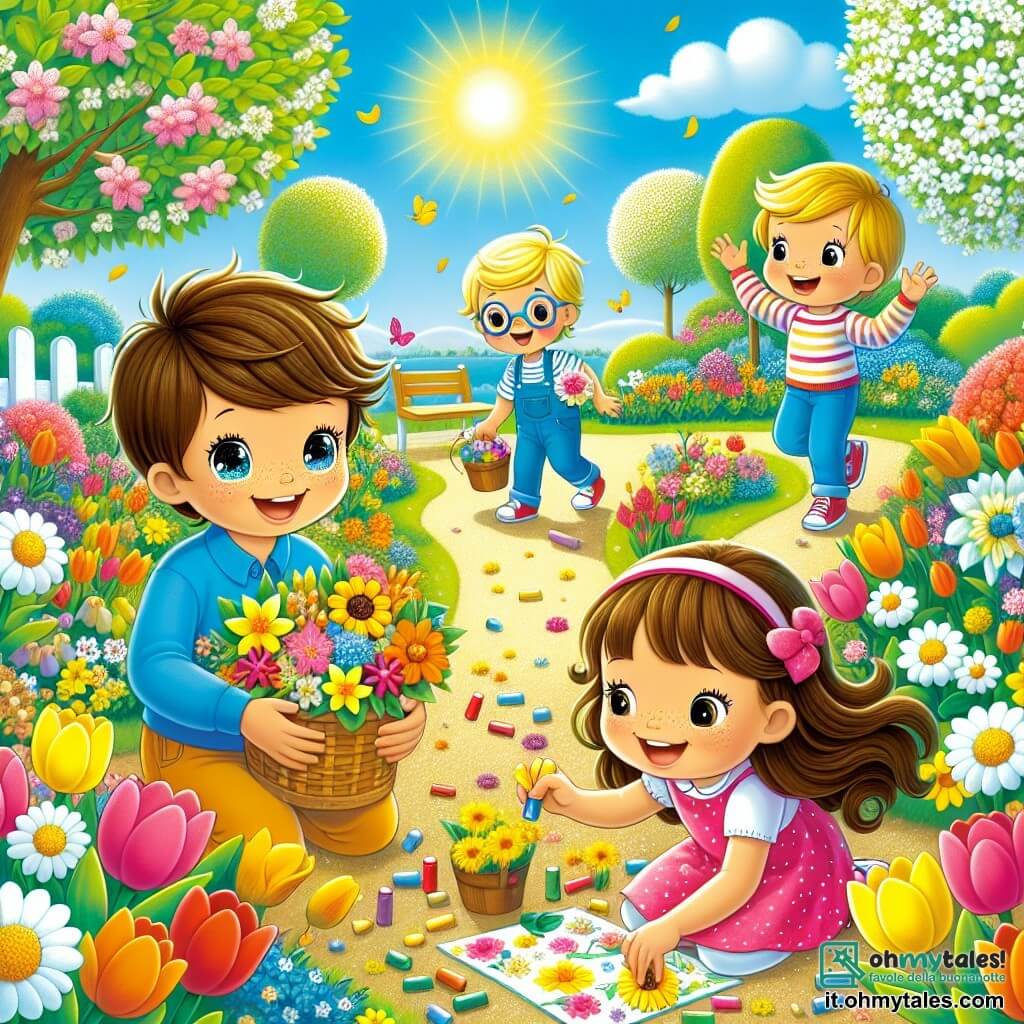 Al centro dell'immagine, quattro bambini sono riuniti in un giardino primaverile. Luca, un ragazzo di 8 anni con capelli castani e occhi vivaci, sta raccogliendo fiori gialli, sorridendo ampiamente. Alla sua destra, Marco, un ragazzo di 7 anni con capelli biondi e occhiali rotondi, tiene un secchio pieno di fiori colorati, guardando con entusiasmo il suo amico. A sinistra di Luca, Sara, una ragazza di 6 anni con lunghi capelli castani e un vestito rosa, è accovacciata, disegnando motivi colorati con gessetti sul pavimento. Infine, Tommaso, un ragazzo di 9 anni in sedia a rotelle, ha un grande sorriso e tiene un mazzo di fiori in mano, guardando i suoi amici con gioia. Il giardino è pieno di fiori brillanti di tutti i colori: tulipani rossi, margherite bianche e narcisi gialli, mentre alberi in fiore bordano il sentiero. Il cielo è di un blu intenso, punteggiato da alcune nuvole bianche e soffici, e il sole splende, illuminando la scena con una dolce luce dorata. I bambini stanno preparando una festa per celebrare l'arrivo della primavera, circondati da risate e gioia, con decorazioni colorate e fiori sparsi intorno a loro.