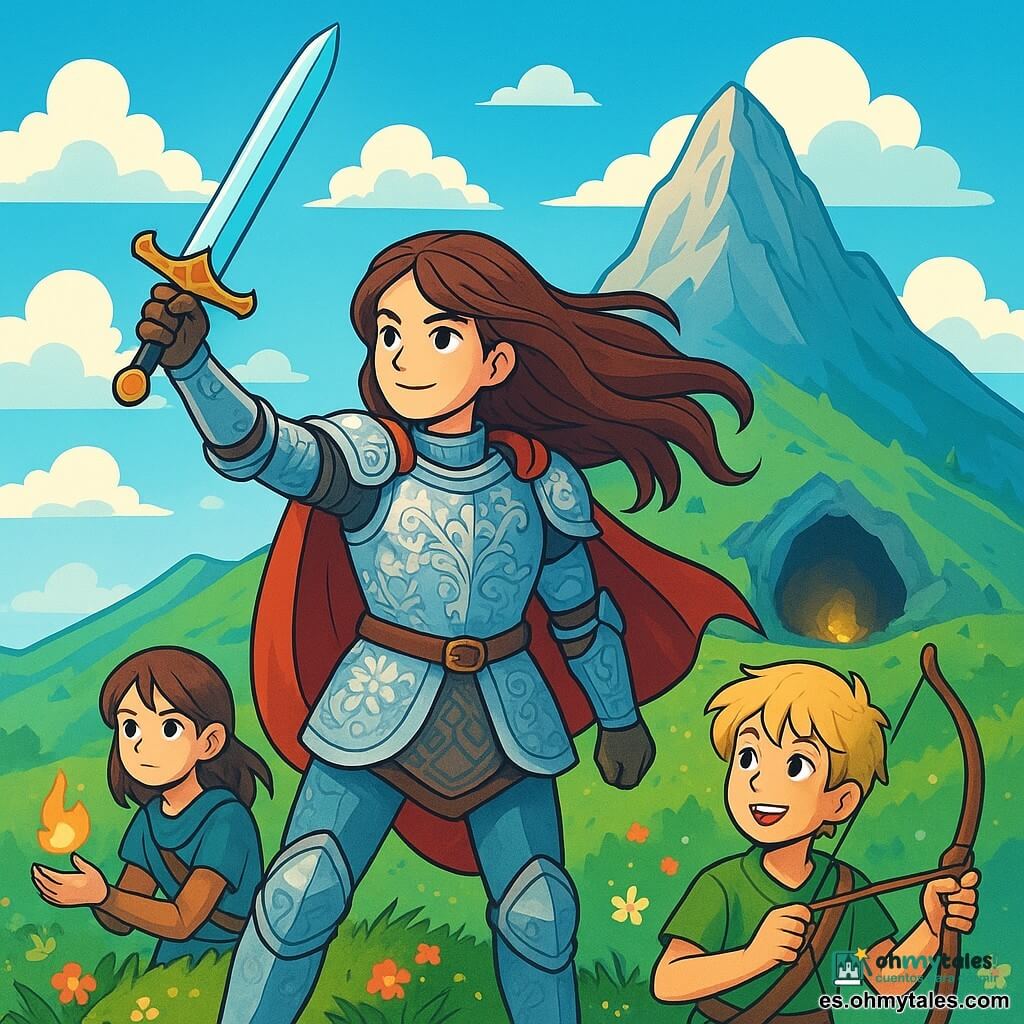 Una caballera, Liora, se encuentra orgullosamente en la cima de una colina, con su largo cabello castaño ondeando al viento, su rostro determinado y radiante, vistiendo una armadura brillante adornada con motivos florales. Empuña una espada con reflejos azules, su mirada llena de coraje y compasión, lista para defender los sueños de los demás. A su lado, Havel, un niño de 12 años con cabello rubio y ojos brillantes, observa con admiración, sosteniendo una pequeña llama en una mano, simbolizando la esperanza. En el fondo, Mira, una niña ágil de 10 años, ajusta su arco, concentrada, lista para proteger a sus amigos. El escenario es una montaña majestuosa, con laderas verdes y nubes esponjosas flotando en un cielo azul brillante. Flores silvestres colorean el suelo, añadiendo un toque de magia a la escena. La situación principal muestra a Liora y sus amigos preparándose para enfrentar una misteriosa luz que emana de una cueva, simbolizando la aventura y la búsqueda de protección de los sueños.