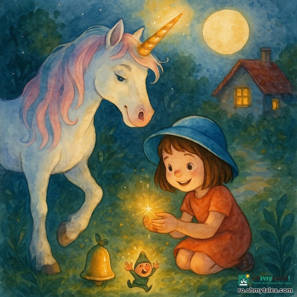 O unicornă albă cu blană nacrată și coamă roz-pal și albastră ca zahărul de vată, corn auriu care pâlpâie, cu privire blândă și mândră, stă lângă Mara, o fetiță de circa 6 ani cu părul brun caschetă și o pălărie albastră, ghemuită și zâmbitoare ținând o mică sferă luminoasă; Pufi, un spiriduș mic cu pălărie verde ascuțită și nas roșu rotund, sare de bucurie cu brațele ridicate lângă o clopoțelă luminoasă; pe un potec de grădină noaptea, iarba umedă verde închis, frunze lucioase, o casă de piatră cu acoperiș roșu și fereastră luminată în fundal și luna caldă care proiectează umbre lungi; scena arată fetița dând o scânteie aurie clopoțelei, unicornul paznic privind cu blândețe și spiridușul aplaudând, lumină caldă, stropi acuarelă în jurul personajelor, atmosferă calmă și magică.