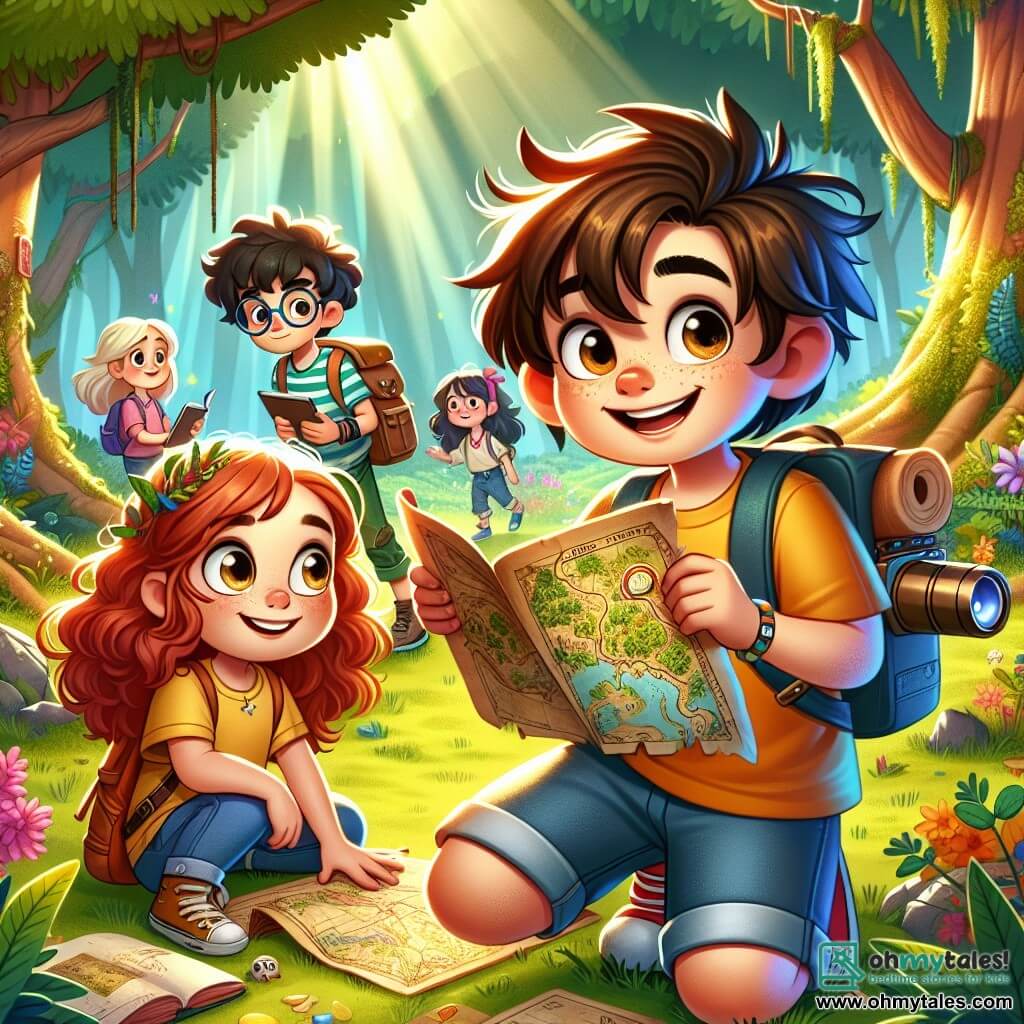 A 10-year-old boy, Max, with messy brown hair and sparkling curious eyes, holds an old treasure map in his hands, displaying a big excited smile. Next to him, Lily, a 10-year-old girl with curly red hair, wearing a bright yellow t-shirt and denim shorts, gazes at the map in wonder, her eyes shining with enthusiasm. In the background, Sam, a 10-year-old boy with round glasses and fair skin, examines a gadget in his backpack, while Mia, a 10-year-old girl holding a sketchbook, draws majestic trees and forest animals. They are in an enchanted forest, where sunlight filters through green leaves, illuminating the ground covered with colorful flowers and soft moss. The scene is filled with magic, with thick-trunked trees and twisted roots creating a mysterious path. The main situation shows Max and his friends discovering an old treasure map, ready for adventure, their faces radiant with anticipation and joy, surrounded by the natural beauty of the forest.