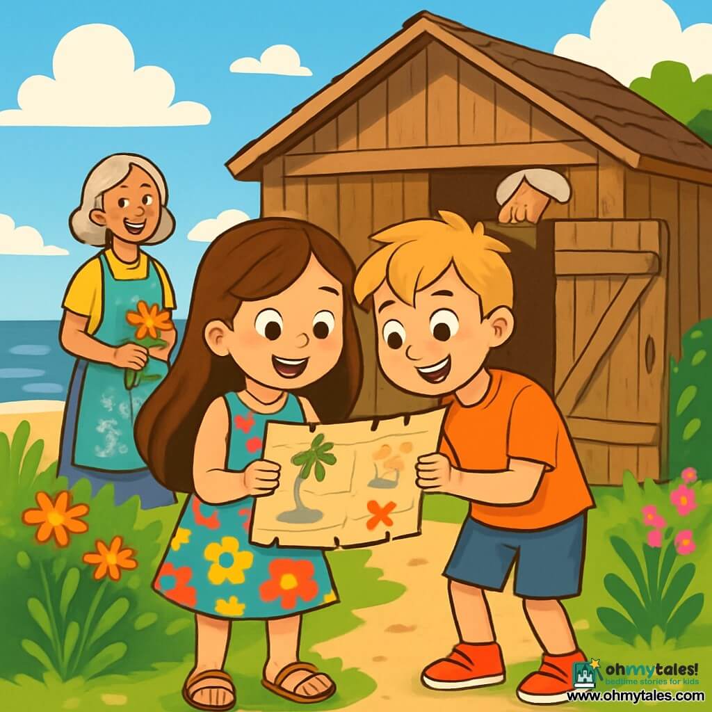 An 8-year-old girl with long brown hair and sparkling curious eyes stands in front of an old wooden boathouse, her face beaming with excitement and wonder. She wears a colorful floral dress and sandals, holding a treasure map in her hands, her eyes wide with adventure. Next to her, a 9-year-old boy with messy blonde hair and a mischievous smile looks at the map with a sense of camaraderie, ready to help her in her quest. A little further away, a woman in her fifties with silver hair and a floral apron smiles warmly, holding a small bouquet of wildflowers, as if encouraging the children to explore. The boathouse in the background is made of weathered wood, with creaky wooden doors, surrounded by a wild garden where colorful flowers and fragrant herbs grow. The sky is bright blue, dotted with fluffy white clouds, and the gentle sound of waves can be heard in the distance. The main scene shows the girl and boy examining the treasure map, their faces lit up with the excitement of discovering the hidden secret of the boathouse, while the woman watches over them kindly, ready to support them in their adventure.
