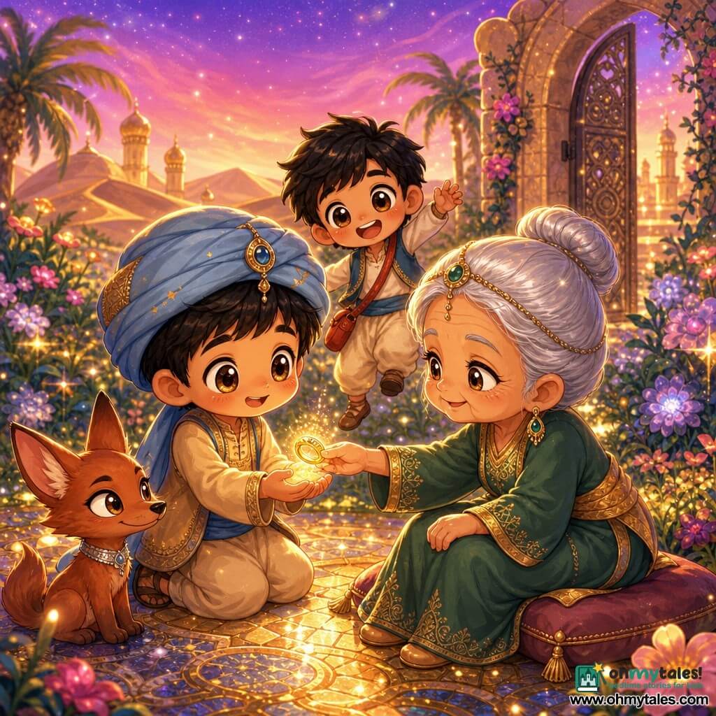 A young man, Samir, round-faced with bright wide eyes and a shy smile, holds a small gleaming ring; beside him Omar, about ten, short black hair, laughing and hopping with a small red satchel over his shoulder slightly behind to the right; an elderly woman, the garden keeper, about 70, silver hair in a bun, gentle eyes, wearing a long green gold-embroidered dress and seated on a small cushion, reaches out to give the ring to Samir; a small red jackal with mischievous eyes sits at Samir’s feet wearing a thin silver collar and watching the ring; setting: a secret garden in the Valley of Mirages with shimmering-petaled flowers, golden mosaic paths, luminous dunes and a half-open carved stone gate, rosy twilight light with tiny stars; main scene: the giving of a magic ring — a tender, luminous moment of joyful wonder with a warm, safe atmosphere and warm colors (gold, pink, blue) with sparkling details around the ring.