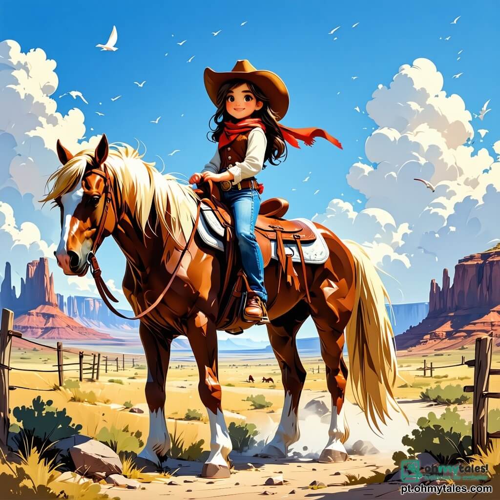 Clara, uma jovem cowgirl de 12 anos, está orgulhosamente em seu cavalo Estrela, um magnífico mustangue de crinas douradas, com um olhar determinado e olhos cheios de curiosidade. Ela usa um chapéu de cowgirl, um colete de couro e um lenço vermelho no pescoço, segurando firmemente as rédeas enquanto observa o horizonte. Ao lado dela, Tom, um garoto de 12 anos com cabelos castanhos bagunçados e um sorriso travesso, admira Clara, segurando um mapa de papel, como se estivesse planejando a próxima aventura. O cenário é um vasto deserto do sudoeste americano, com dunas de areia dourada, cactos e arbustos secos, sob um céu azul brilhante com algumas nuvens brancas e um sol intenso. A cena principal mostra Clara e Tom discutindo entusiasticamente sua próxima aventura enquanto se preparam para explorar o deserto, cheios de excitação e coragem diante do desconhecido.