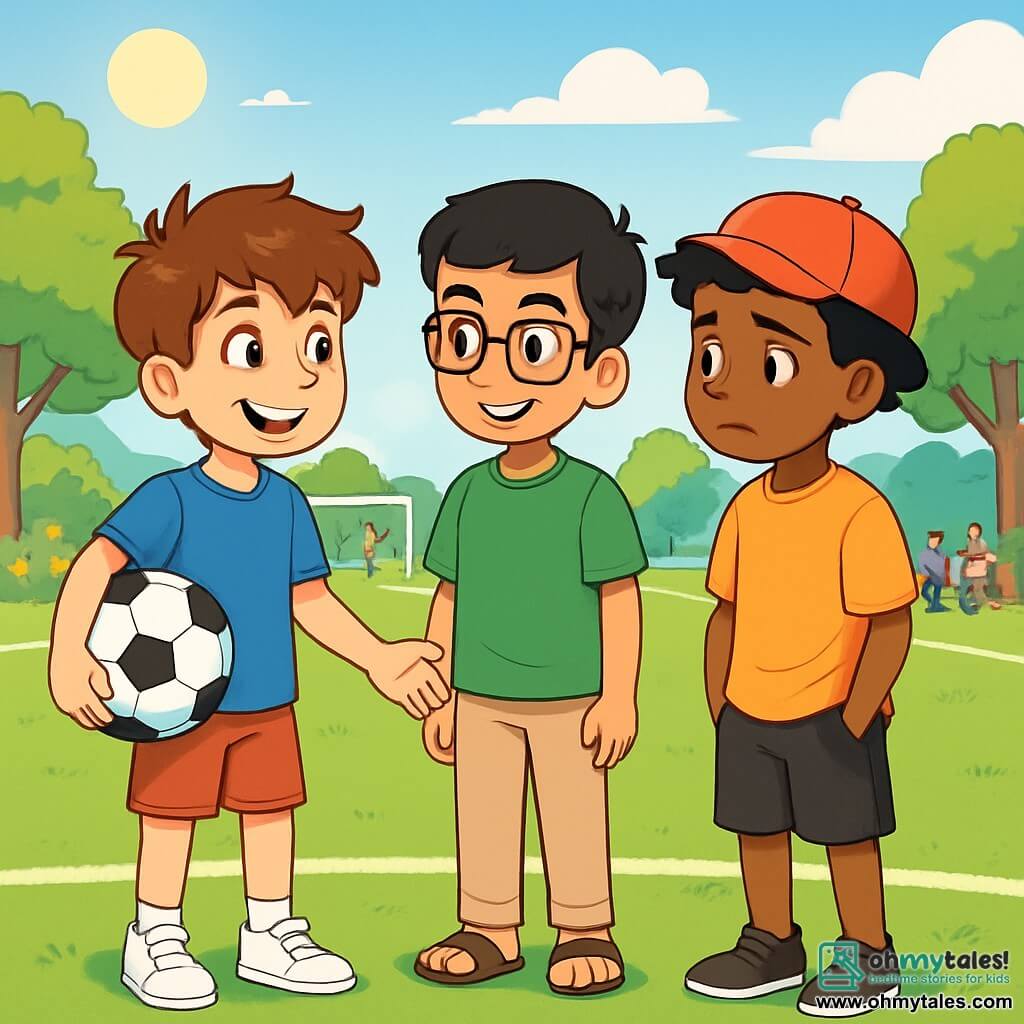 There are three characters: 

- Max: An 11-year-old boy with messy brown hair and sparkling eyes. He wears a blue t-shirt, red shorts, and white sneakers. He stands on the left, smiling, holding a soccer ball. 

- Imran: An 11-year-old boy of Pakistani descent, with black hair and glasses. He wears a green t-shirt, beige pants, and sandals. He is in the center, looking at Max with a knowing smile. 

- Jordan: A 12-year-old boy of African-American descent, with curly hair and a red cap. He wears an orange t-shirt and black shorts. He is on the right, slightly back, with his hands in his pockets, showing an apologetic expression. 

The main setting is an outdoor soccer field surrounded by green trees and flowering bushes. The sky is blue with a few fluffy white clouds, and the sun is shining, illuminating the playground. Children are playing in the distance, and parents are sitting on wooden benches. 

The main situation shows Max and Imran talking to Jordan after a soccer match. Max is smiling and reaching out to Jordan, while Imran listens attentively, ready to support the conversation. The atmosphere is friendly and warm, with bright colors evoking hope and camaraderie.