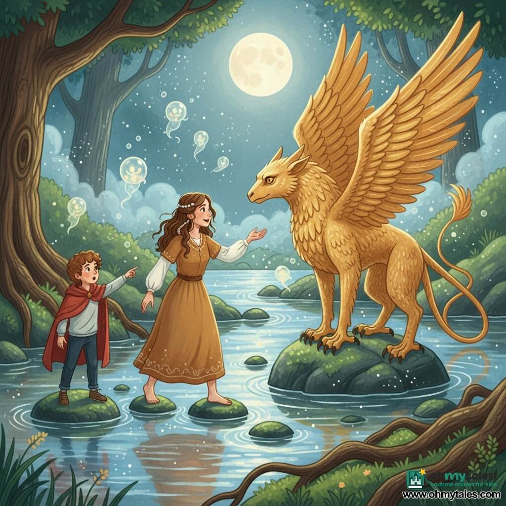 Aisha, soft-faced and brown-skinned with braided black hair threaded with beads, reaches toward a majestic griffin while walking on glowing stones in a sparkling river under a full moon; an about-eight-year-old boy with chestnut curls in a red coat stands on the left bank, surprised and pointing; the griffin has molten-gold feathers, shining amber eyes and powerful talons atop a large rock; translucent spirit-like glowing bubbles float above the water, emerald-moss banks and large trees with tangled roots rise in a light shimmering mist—a solemn, magical encounter with warm gold and cool blue-silver contrasts, mysterious and benevolent.