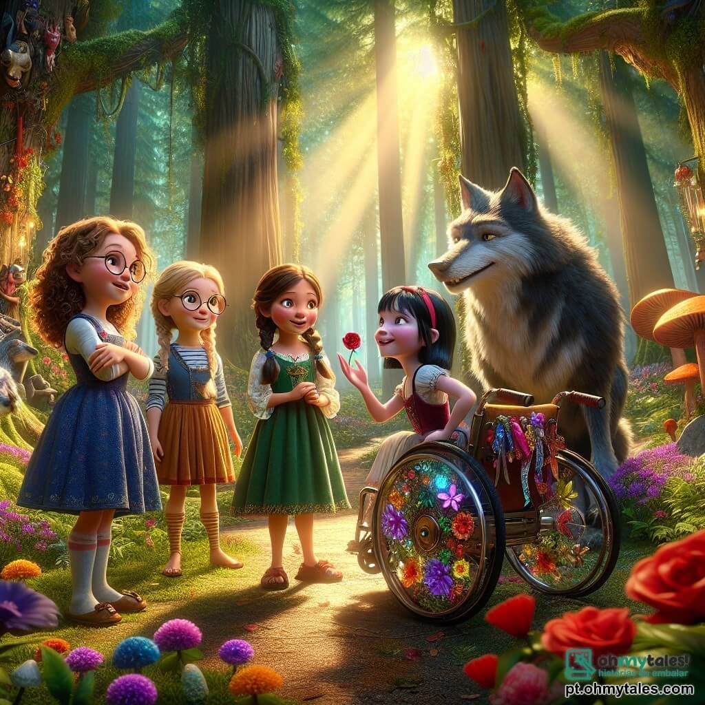 Em uma clareira ensolarada da Floresta Encantada, quatro meninas corajosas se reúnem. Ana, uma menina de 8 anos com cabelos cacheados e óculos redondos, observa curiosamente o Grande Lobo Mau. Bia, uma menina de 9 anos com cabelos loiros e trançados, sorri entusiasmada, segurando uma pequena ferramenta. Clara, uma menina de 10 anos com cabelos castanhos e uma cadeira de rodas mágica decorada com flores coloridas, lidera a equipe com um olhar determinado. Duda, uma menina de 9 anos com cabelos lisos e negros, agita fitas coloridas, pronta para ajudar. A clareira é verdejante, cercada por árvores majestosas, onde a luz do sol filtra através das folhas, criando padrões dançantes no chão. O Grande Lobo Mau, com olhos suaves e pelagem cinza, está sentado tristemente no centro da clareira, segurando um brinquedo quebrado. As quatro meninas se aproximam dele com sorrisos calorosos, prontas para ajudá-lo a consertar seu brinquedo, ilustrando a amizade e a compreensão além das aparências.