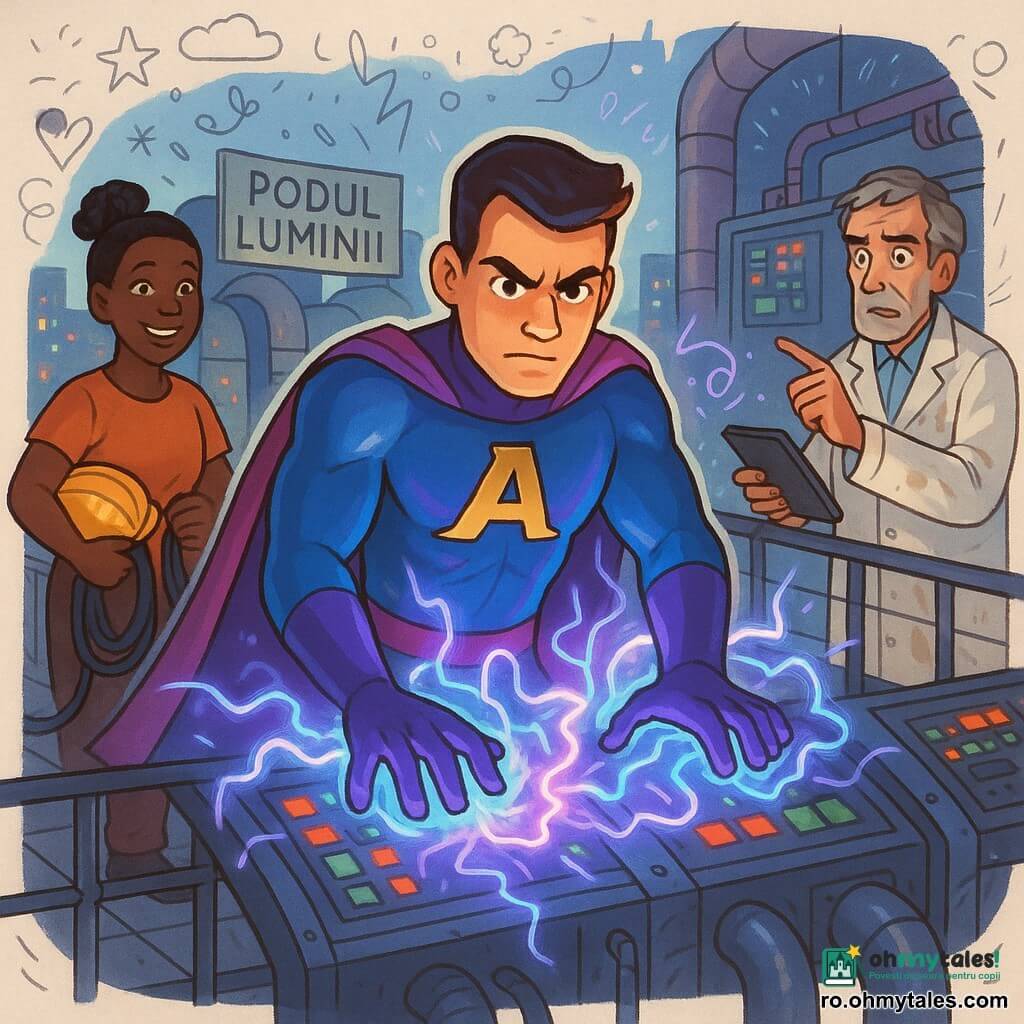 Un bărbat, Aurel, în costum de supererou albastru și purpuriu strălucitor, față concentrată, sprâncene încruntate, mâinile pe un panou de control care emană fulgere albastre și violete; un om de 50 de ani, om de știință cu păr șaten cu fire albe, halat murdar de ulei, privește îngrijorat și indică o tabletă lângă console; o femeie de aproximativ 30 de ani, inginer, păr prins în coc, cască galbenă sub braț, zâmbet de ușurare, ține cabluri lângă erou în stânga; locul: "Podul Luminii", o pasarelă metalică suspendată deasupra unei centrale cu balustradă de oțel, conducte și cabluri luminoase, orașul Aurora vizibil dedesubt; situația: eroul luptă să sigileze o breșă energetică cu arcuri electrice, scântei și un halou luminos în jurul mâinilor, panouri afișând coduri roșii și verzi, atmosferă tensionată dar eroică.