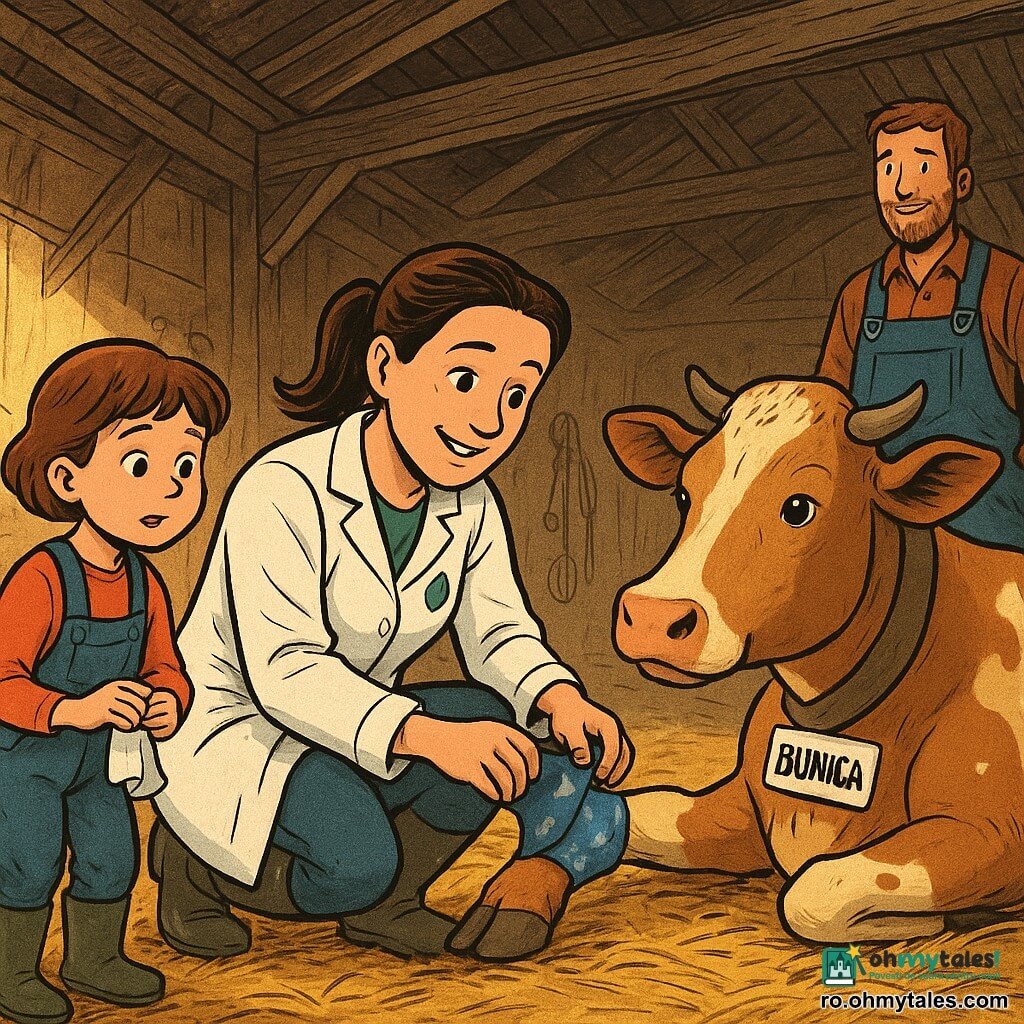 Veterinară cu față caldă și zâmbitoare, păr brun prins în coadă, halat alb cu un nasture verde în formă de frunză, ghemuită și înfășurând un bandaj albastru cu stele argintii la laba din spate a unei vaci; fetiță de ~8 ani cu păr castaniu scurt, cizme de cauciuc ușor murdare, ține un prosop alb și privește fascinată, ajutând cu brațele întinse, tatăl în jur de 40 de ani, cu barbă scurtă și salopetă, stă puțin în spate zâmbind, mâinile în buzunar, observând din intrarea grajdului; vaca „Bunica”, mare, culoare brun deschis cu pete crem, ochi blânzi, culcată pe paie galbene cu laba bandajată; grajd din lemn vechi cu raze de lumină caldă, paie groase, uneltele agățate și un găleată cu apă; stil grafic cald, contrastat, linii clare și contururi negre în stil BD franco-belg, texturi vizibile; compoziție medie apropiată centrată pe veterinară și vacă, fetița în prim-plan stânga, tatăl ușor neclar în fundal, lumină blândă de dimineață, atmosferă liniștitoare, educativă și tandră.