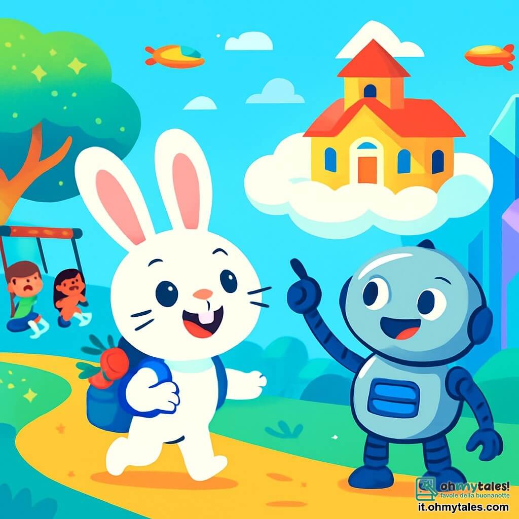 Un coniglietto bianco con grandi orecchie rosa, Bunny, è in piedi su una strada morbida e colorata, con gli occhi spalancati per la gioia e la meraviglia. Ha un pelo setoso e indossa uno zainetto blu pieno di carote. Accanto a lui, un robot amichevole di nome Leo, con un corpo argentato e occhi luminosi, sorride e indica una scuola flottante a forma di nuvola, mostrando un'espressione entusiasta. Il luogo è una città futuristica chiamata Luminaria, dove gli alberi brillano di mille luci e gli edifici di cristallo riflettono colori vivaci sotto un cielo blu splendente. La scena principale mostra Bunny e Leo che esplorano la città, Bunny che salta di eccitazione mentre Leo gli spiega le meraviglie di Luminaria, circondati da bambini che giocano su altalene luminose.