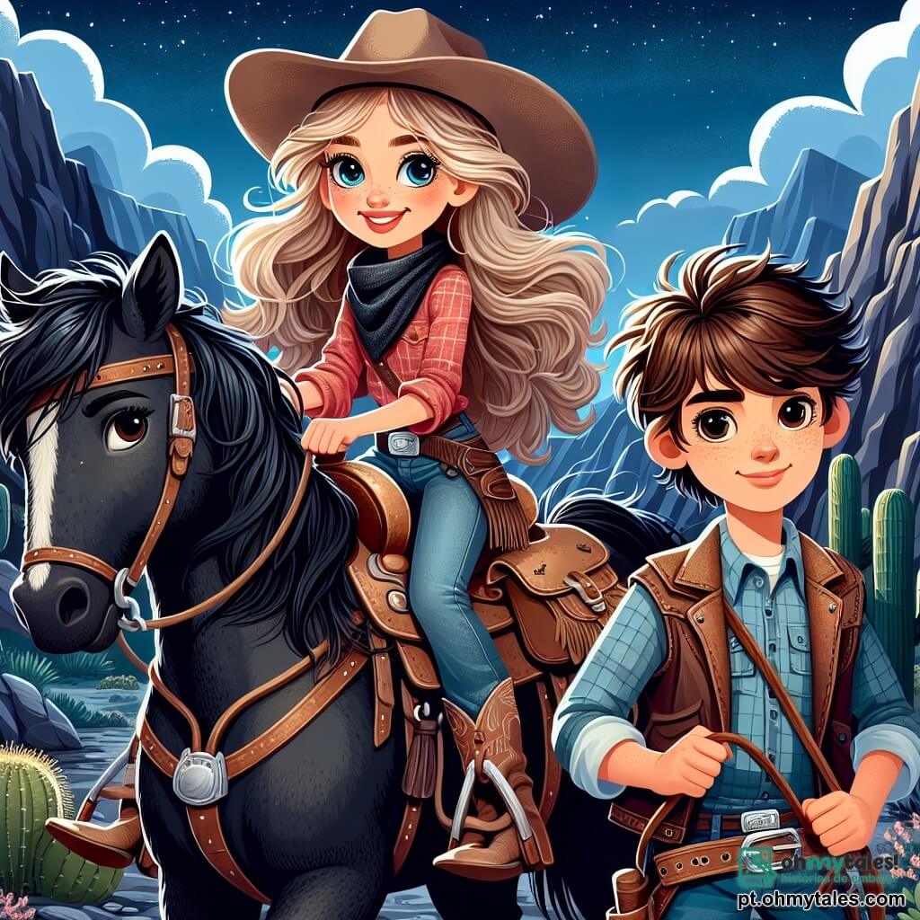 Clara, uma jovem cow-girl de 12 anos, está orgulhosamente em seu cavalo negro chamado Thunder, com seus longos cabelos loiros ao vento e olhos brilhando de determinação. Ela usa um chapéu de cowboy bege, uma camisa xadrez vermelha e um jeans desgastado, segurando firmemente um mapa do tesouro na mão, pronta para a aventura. Ao seu lado, Jake, um jovem vaqueiro de 14 anos, tem um sorriso amigável e cabelos castanhos bagunçados. Ele veste uma camisa azul e um colete de couro, segurando as rédeas de seu cavalo marrom. Ele olha para Clara com admiração, pronto para segui-la em sua busca. O cenário se passa nas Montanhas Sombrias, com picos íngremes e rochas cobertas de musgo, sob um céu azul com nuvens brancas. Cactos e arbustos esparsos adicionam cor à paisagem árida. A situação principal mostra Clara e Jake, determinados e corajosos, se preparando para infiltrar o acampamento dos bandidos e recuperar o tesouro roubado, com uma atmosfera de tensão e excitação no ar.