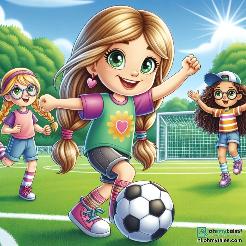Een 8-jarig meisje, Lotte, met lang kastanjebruin haar en sprankelende groene ogen, glimlacht vrolijk terwijl ze een voetbal vasthoudt. Ze draagt een kleurrijk t-shirt en een short en staat op een grasveld, omringd door haar vrienden. Naast haar moedigt Emma, een ander 8-jarig meisje met vlechtjes en een bril, haar enthousiast aan, met de armen in de lucht. Iets verderop staat Noor, ook 8 jaar oud, met krullend haar en een achterstevoren pet, klaar om de bal naar het doel te schieten, met een vastberaden blik. De locatie is een buitenvoetbalveld, met witte lijnen op het groene gras en bomen op de achtergrond, onder een zonnige blauwe lucht. De belangrijkste situatie toont Lotte en haar vriendinnen die voetballen, klaar om een ander team uit te dagen, wat hun vastberadenheid illustreert om te bewijzen dat meisjes ook grote sporters kunnen zijn.
