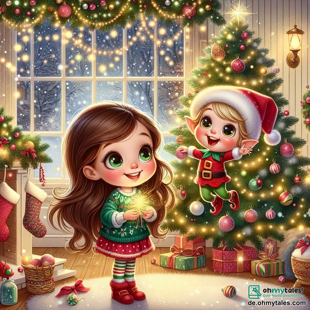 Ein fünfjähriges Mädchen namens Emma mit langen kastanienbraunen Haaren und strahlenden Augen steht vor einem großen Weihnachtsbaum, der mit glitzernden Girlanden und bunten Kugeln geschmückt ist. Sie lächelt voller Staunen, ihre Wangen sind vor Aufregung gerötet, während sie einen kleinen Elf mit schelmischem Lächeln an ihrer Seite entdeckt. Elfi, der kleine Elf, ist eine fröhliche Figur mit heller Haut, spitzen Ohren und einem rot-grünen Outfit, das mit Glöckchen verziert ist. Er springt vor Freude, seine Augen funkeln vor Schalk, während er einen goldenen Stern hält, den er gerade auf den Baum gesetzt hat. Der Ort ist ein gemütliches Wohnzimmer, das weihnachtlich dekoriert ist, mit funkelnden Lichtern, Socken, die am Kamin hängen, und einem flauschigen Teppich, der mit Schnee bedeckt ist, der durch die offene Tür hereinkommt. Draußen fallen sanft Schneeflocken und verleihen der Atmosphäre eine magische Note. Die Hauptsituation zeigt Emma und Elfi, die gemeinsam den Baum dekorieren, erfüllt von Freude und Aufregung, und einen Moment der Weihnachtsmagie teilen, umgeben vom Glanz der Lichter und festlichen Dekorationen.