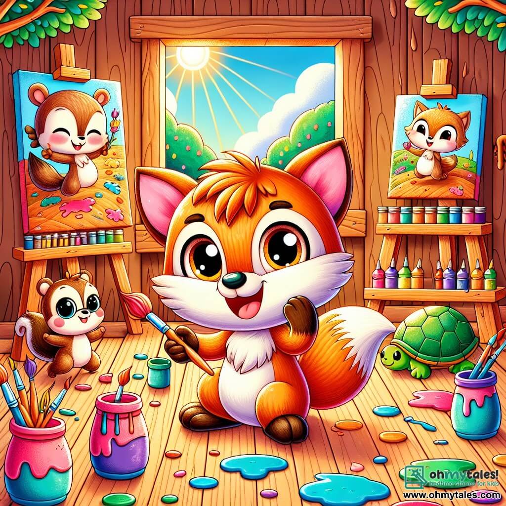 The illustration features a young fox with bright orange fur, big sparkling eyes filled with curiosity, and a joyful smile. He is painting on a canvas, his paws covered in colorful paint, as he attentively looks at his work with a sense of wonder. Next to him, a small brown squirrel with mischievous eyes jumps with excitement, holding a paintbrush in her tiny paw. She appears enthusiastic and encourages the fox with lively gestures. A little further away, a turtle with a green shell and gentle eyes moves slowly, observing the creative process with a serene smile, displaying calm and satisfaction. The main setting is a charming wooden studio filled with vibrant paint pots, brushes of all sizes, and blank canvases. Large windows let in sunlight, brightening the space with vivid colors and creating a warm atmosphere. The main scene shows the fox in the midst of artistic creation, surrounded by his friends, sharing a joyful moment of discovery and creativity. Other graphic elements include paint splatters on the floor, canvases hanging on the walls with drawings of camp animals, and sun rays filtering through the leaves of trees outside, adding a touch of magic to the illustration.