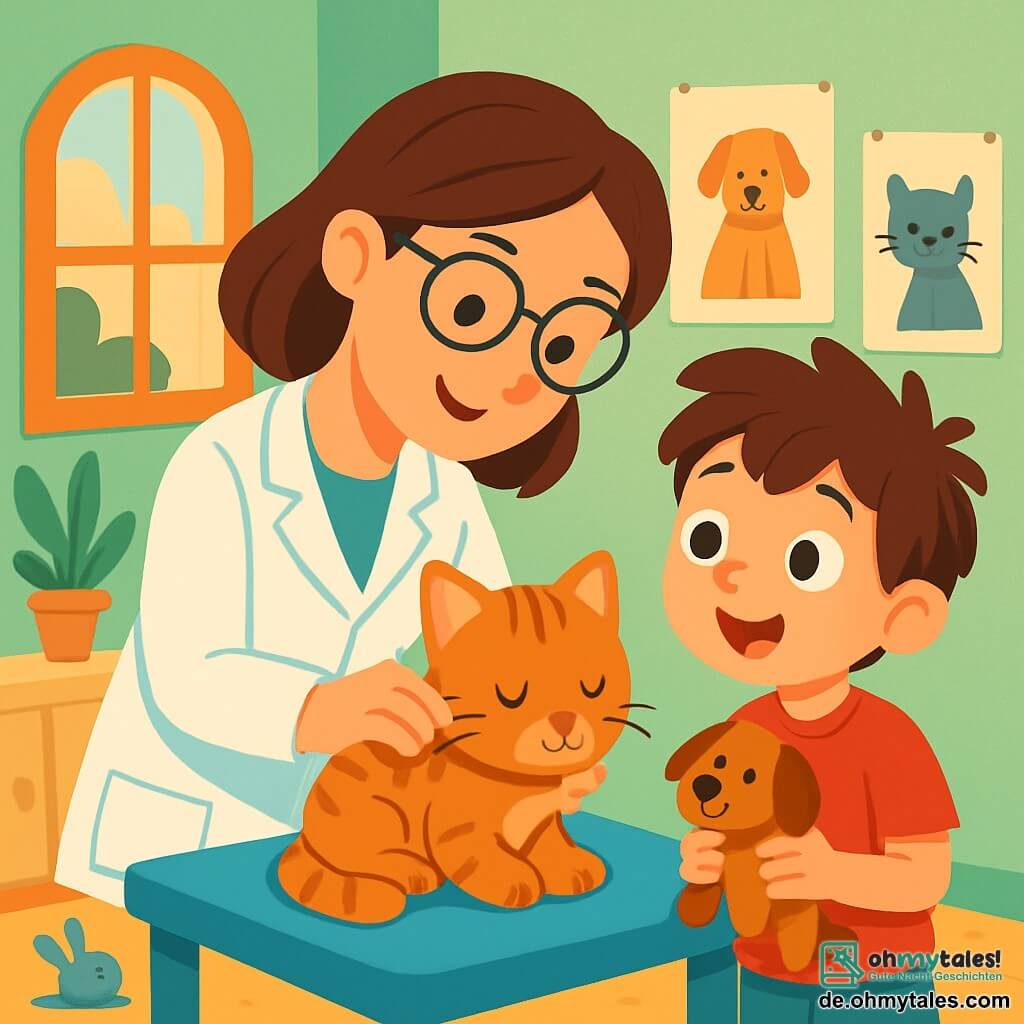 Eine Tierärztin, eine lächelnde und wohlwollende Frau in ihren Dreißigern, trägt einen weißen Kittel und eine Brille. Sie beugt sich aufmerksam über eine kleine getigerte Katze auf einem Untersuchungstisch und zeigt dabei eine konzentrierte und sanfte Miene. Neben ihr beobachtet ein 6-jähriger Junge namens Max mit weit aufgerissenen Augen und hält ein hundeförmiges Spielzeug in den Händen. Die Szene spielt sich in einer charmanten kleinen Tierarztpraxis ab, mit pastellgrünen Wänden, Tierpostern und verstreuten Spielzeugen auf dem Boden. Ein Fenster lässt Sonnenlicht herein, das den Raum erhellt. Die Tierärztin untersucht die Katze sorgfältig, während Max, neugierig, Fragen zur Tierpflege stellt und so eine Atmosphäre des Lernens und Entdeckens schafft.