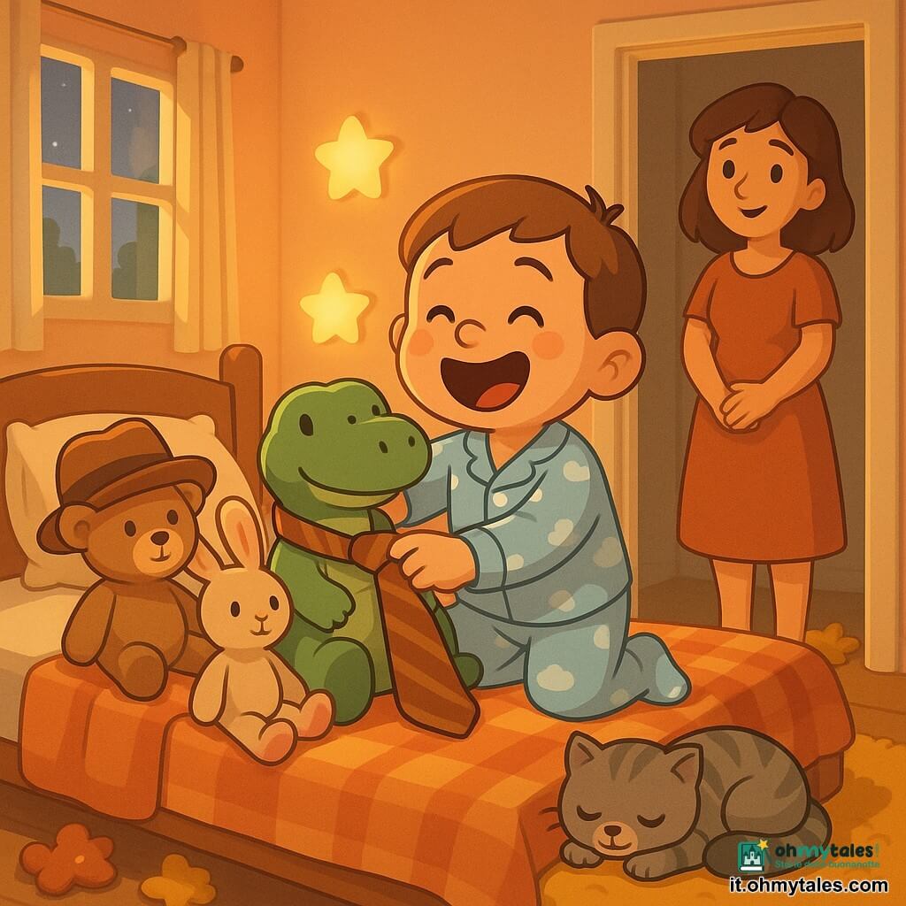 Bambino di 2 anni, viso rotondo e capelli castani corti, in pigiama azzurro chiaro con piccoli nuvola, sta mettendo una cravatta troppo grande a un dino di peluche sul letto; una mamma di circa 30 anni, capelli castani e sorriso tenero, in abito comodo con le mani giunte, è in piedi nell'anta della porta leggermente sullo sfondo a destra; un gattino grigio tigrato dorme accucciato ai piedi del letto con la coda avvolta; un orsetto marrone chiaro con un cappello troppo grande e un coniglietto beige con calzini rosa sono sul letto come compagni di gioco; stanza luminosa con pareti pesca, tappeto senape, lampade a forma di stella, peluche sparsi, coperta a quadri e finestra con tende leggere che lasciano entrare una luce serale morbida; scena comica e tenera: il bambino ride mentre veste goffamente i peluche con abiti da adulto, creando un piccolo disordine divertente e caloroso.
