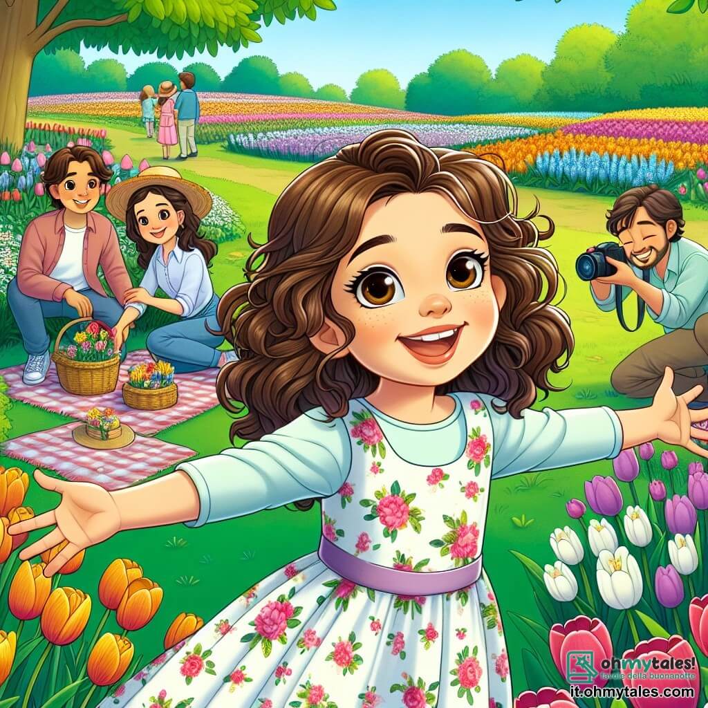Una ragazza di 12 anni, Sofia, con i capelli castani ricci e gli occhi pieni di curiosità, si trova al centro di un giardino colorato, con un grande sorriso che illumina il suo viso. Indossa un vestito leggero a fiori, con le braccia aperte, come se stesse accogliendo la bellezza della primavera che la circonda. Accanto a lei, sua madre, una donna di circa 35 anni con capelli lunghi e lisci, indossa una blusa pastello e sta scattando foto dei fiori vivaci, con uno sguardo ammirato. Un po' più in là, suo padre, un uomo di circa 40 anni con una barba ben curata e un cappello di paglia, sta preparando un picnic su una tovaglia a quadretti, sorridendo mentre guarda sua figlia. Il luogo è un giardino lussureggiante, pieno di tulipani, narcisi e giacinti, dove i colori vivaci si mescolano sotto un cielo azzurro. Farfalle svolazzano tra i fiori, aggiungendo un tocco di magia alla scena. Sofia partecipa a una danza gioiosa con altri bambini, tutti vestiti a colori, celebrando l'arrivo della primavera lanciando petali di fiori in aria, creando un'atmosfera festosa e piena di vita.