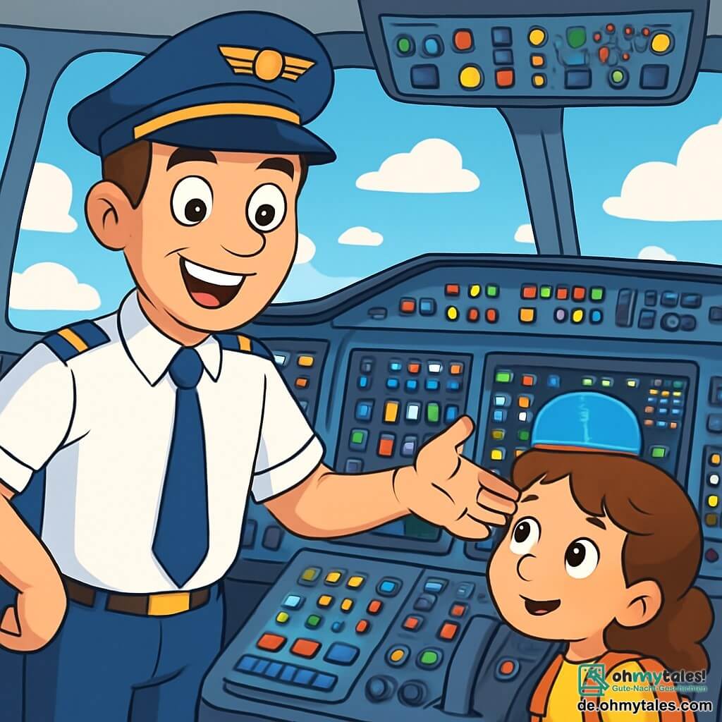 Ein Mann, der Pilot Tom, steht im Cockpit eines großen Flugzeugs mit einem breiten Lächeln auf seinem Gesicht und funkelnden Augen vor Aufregung. Er trägt ein makelloses weißes Hemd, eine blaue Krawatte und eine Pilotenmütze mit einem goldenen Abzeichen. Seine braunen Haare sind sorgfältig frisiert, und er hält ein Armaturenbrett voller bunter Knöpfe. Neben ihm steht Mia, ein zehnjähriges Mädchen mit lockigem, kastanienbraunem Haar und einem bewundernden Blick. Sie trägt ein leuchtend gelbes T-Shirt und einen kleinen Rucksack. Sie beobachtet fasziniert die Instrumente im Cockpit. Das Cockpit ist hell und modern, mit großen Fenstern, die einen spektakulären Blick auf den blauen Himmel mit weißen Wolken bieten. Die Instrumentenlichter blinken, und die Atmosphäre ist von sanfter Aufregung erfüllt. Die Hauptsituation zeigt Tom und Mia, die sich auf einen wichtigen Flug vorbereiten. Tom erklärt begeistert, wie er das Flugzeug steuern wird, während Mia aufmerksam zuhört, mit bewundernden Augen.