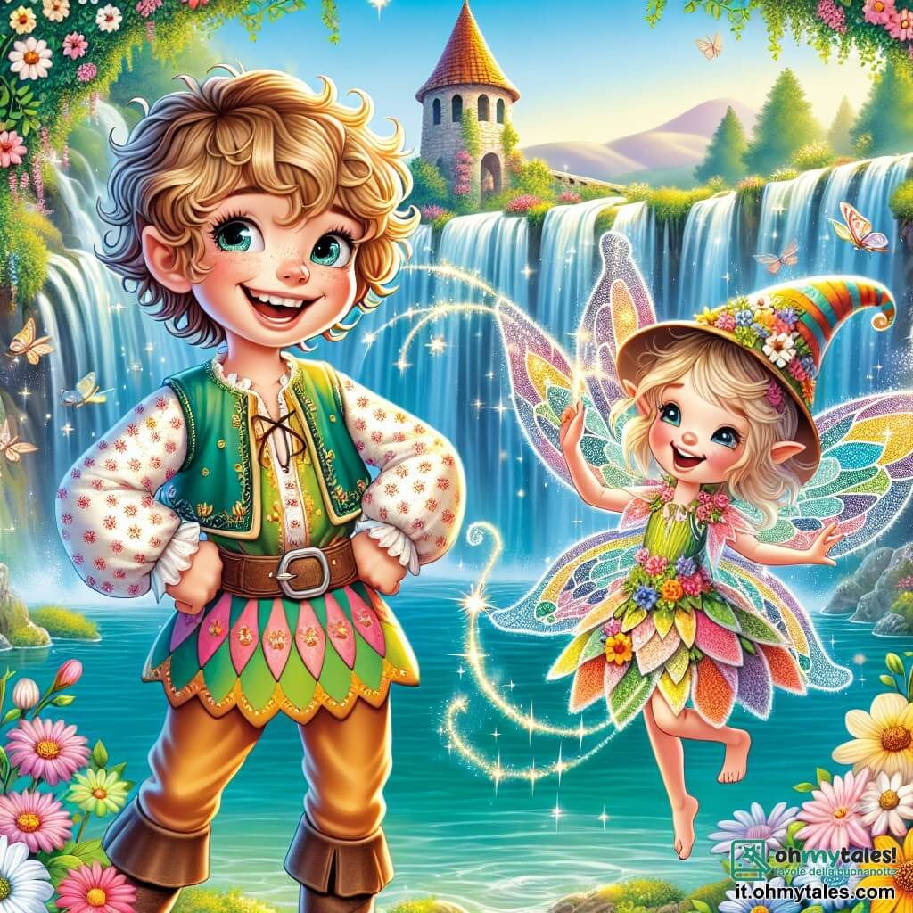 Un principe sorridente, di nome Filippo, di circa 10 anni, si trova al centro dell'immagine. Ha capelli biondi ricci, occhi vivaci e indossa una tunica colorata decorata con motivi floreali. Sta ridendo, con le braccia alzate, in una posa gioiosa, come se avesse appena fatto uno scherzo. Accanto a lui, una piccola fata di nome Piumetta, di circa 8 anni, fluttua nell'aria. Ha ali iridescenti che brillano di mille colori, un piccolo cappello a punta e un vestito fatto di petali di fiori. Sorride con entusiasmo, tenendo una bacchetta magica scintillante. Sullo sfondo si vede la magnifica Cascata delle Risate, una cascata con acque cristalline che scendono da rocce coperte di rampicanti fioriti. Risate incantate sembrano emanare dall'acqua, creando un'atmosfera gioiosa e magica. La scena principale mostra Filippo e Piumetta mentre cercano la bacchetta magica perduta della fata, circondati da risate e colori vivaci, mentre un piccolo gnomo con la barba lunga e il cappello rosso li osserva ridendo, nascosto dietro una pietra.