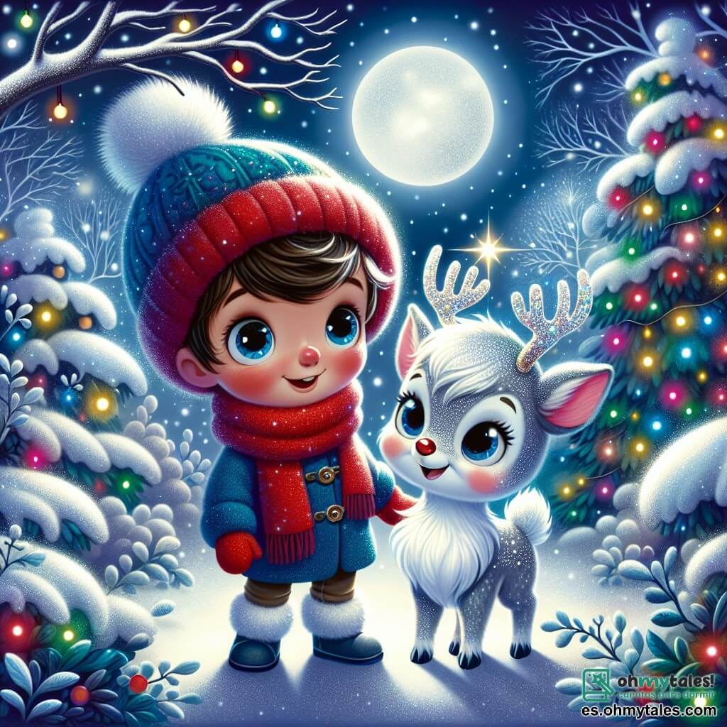 Un niño de 6 años, Tomás, con una cara redonda y mejillas rosas, lleva una bufanda roja brillante y un gorro de lana azul. Tiene ojos chispeantes de curiosidad y una sonrisa maravillada mientras observa copos de nieve que giran a su alrededor. A su lado, un renito mágico, Brilli, con un pelaje plateado brillante y una pequeña estrella dorada en la nariz, le guiña un ojo amistoso. El escenario es un jardín de ensueño, cubierto de un espeso manto de nieve brillante, con árboles cuyas ramas están cargadas de nieve y luces de colores que brillan en la noche. La luna ilumina la escena con una suave luz plateada, añadiendo un toque de magia. La situación principal muestra a Tomás y Brilli, listos para aventurarse juntos en el misterioso Bosque de los Mil Brillos, donde los árboles cantan y los copos bailan, llenos de emoción y promesas de una increíble aventura navideña.