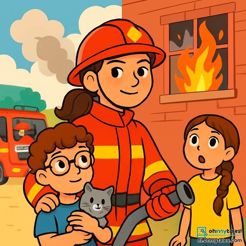 Een jonge vrouwelijke brandweerman, Noor, met bruin haar in een paardenstaart, draagt een felrode uniform en een veiligheidshelm. Ze heeft een vastberaden en moedige blik, met een lichte glimlach van trots op haar gezicht. Naast haar staat een 8-jarig jongetje, Samuel, met krullend haar en een bril, die een klein kattenknuffel vasthoudt en Noor bewonderend aankijkt. Een ander kind, Jade, een 12-jarig meisje met een lange vlecht, staat iets op de achtergrond met verwonderde ogen. De scène speelt zich af voor een groot gebouw van rode baksteen, waar rook uit een raam op de tweede verdieping komt. Brandweermannen zijn druk in de weer en vlammen dansen binnenin. Noor, met een brandslang in haar hand, bereidt zich voor om het gebouw binnen te gaan om een vastzittende kat te redden, terwijl de kinderen op de achtergrond kijken met een combinatie van angst en opwinding.