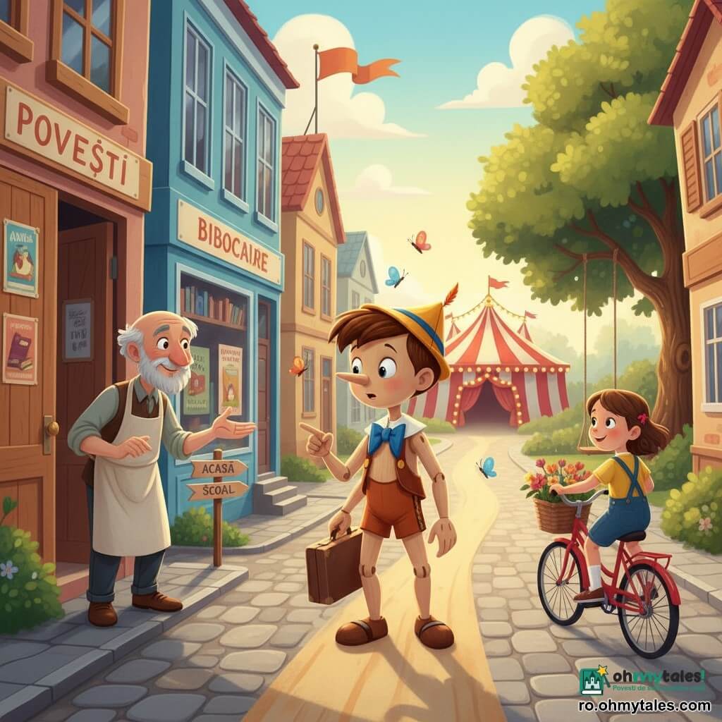 Pinocchio este un băiat din lemn cu articulații mari vizibile, lemn lustruit deschis, nas subțire, ochi rotunzi strălucitori și expresie curioasă și ezitantă; ține o mică valiză din piele și arată spre trei drumuri. Geppetto este un bărbat în vârstă cu păr gri și șorț, zâmbet blând și palme deschise, stând în pragul unei uși de lemn la stânga, privind cu binevoință spre Pinocchio. În dreapta, o fetiță de circa 7 ani trece cu bicicleta roșie cu coș cu flori și zâmbește privind scena. Locul: o stradă pietruită însorită cu case colorate, o bibliotecă cu fațadă albastră și ferestre mari, un parc verde cu un stejar mare și o leagănă și în depărtare un cort de circ roșu și alb luminat. Situația principală: Pinocchio la răscrucea celor trei drumuri în lumina caldă a dimineții, culori vii, steag ușor în vânt și fluturi în jur, tensiune blândă între curiozitate și alegere.