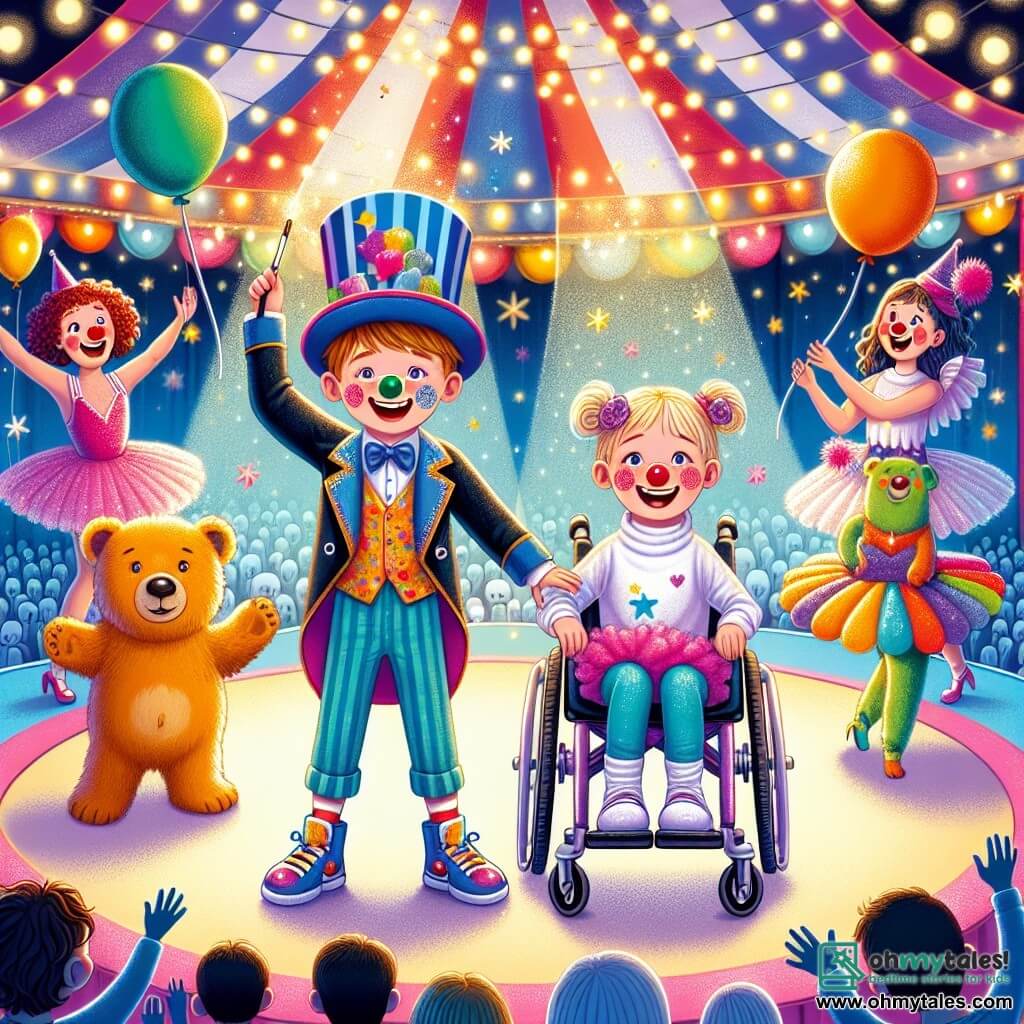 In a colorful circus tent, an 8-year-old boy named Sam, wearing a funny hat and a bright smile, stands in the center with his arms open, ready to become a star. Next to him, a 7-year-old girl named Zoe, in a shiny purple wheelchair, enthusiastically claps, her eyes sparkling with joy. The tent is filled with twinkling lights, colorful balloons, and amazed spectators. Clowns with red noses and bright costumes dance around them, while a pink tutu-wearing bear twirls nearby, adding a touch of magic to the scene. The main focus shows Sam and Zoe, surrounded by laughter and applause, ready to take the stage for their special act, with a mysterious magician in the background raising his wand to transform them into circus stars.