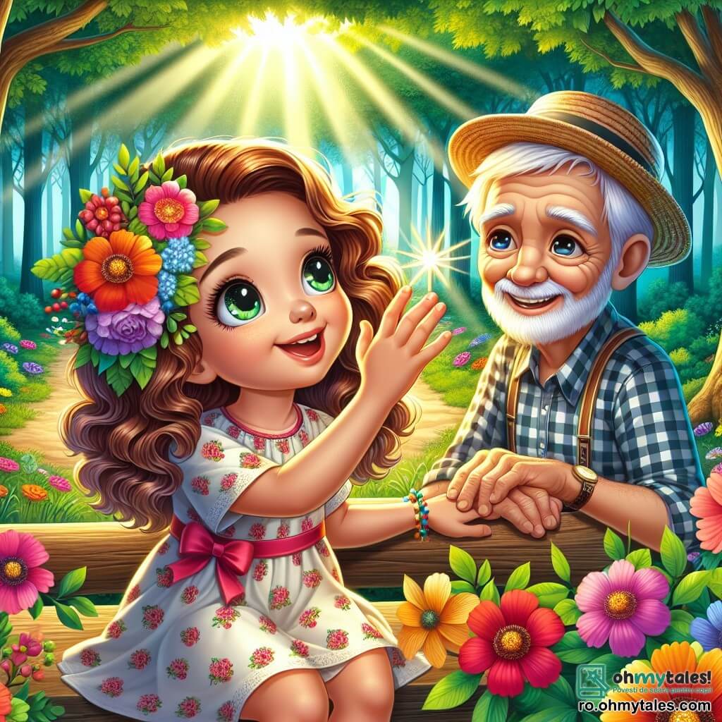 O fetiță de 6 ani, pe nume Ana, stă în centrul imaginii, având ochi mari și strălucitori și un zâmbet radiant. Are părul castaniu, buclat, împodobit cu o floare colorată, și poartă o rochie ușoară cu motive florale. Ana întinde mâna spre o stea strălucitoare din cer, iar fața ei exprimă uimire și curiozitate. Lângă ea, un bunic cu fața ridată și zâmbitoare, de aproximativ 70 de ani, stă pe o bancă de lemn, înconjurat de flori strălucitoare. Poartă o cămașă cu carouri și o pălărie de paie, privindu-o pe Ana cu mândrie și tandrețe. În fundal, o pădure verde se întinde, cu copaci măreți și raze de soare filtrându-se printre frunze, creând o atmosferă magică. Flori colorate marginesc calea, adăugând o notă de bucurie scenei. Principala situație o arată pe Ana, uimită, întinzând mâna spre cerul înstelat, în timp ce bunicul ei o încurajează cu un zâmbet binevoitor, simbolizând descoperirea visurilor și dorințelor sale.