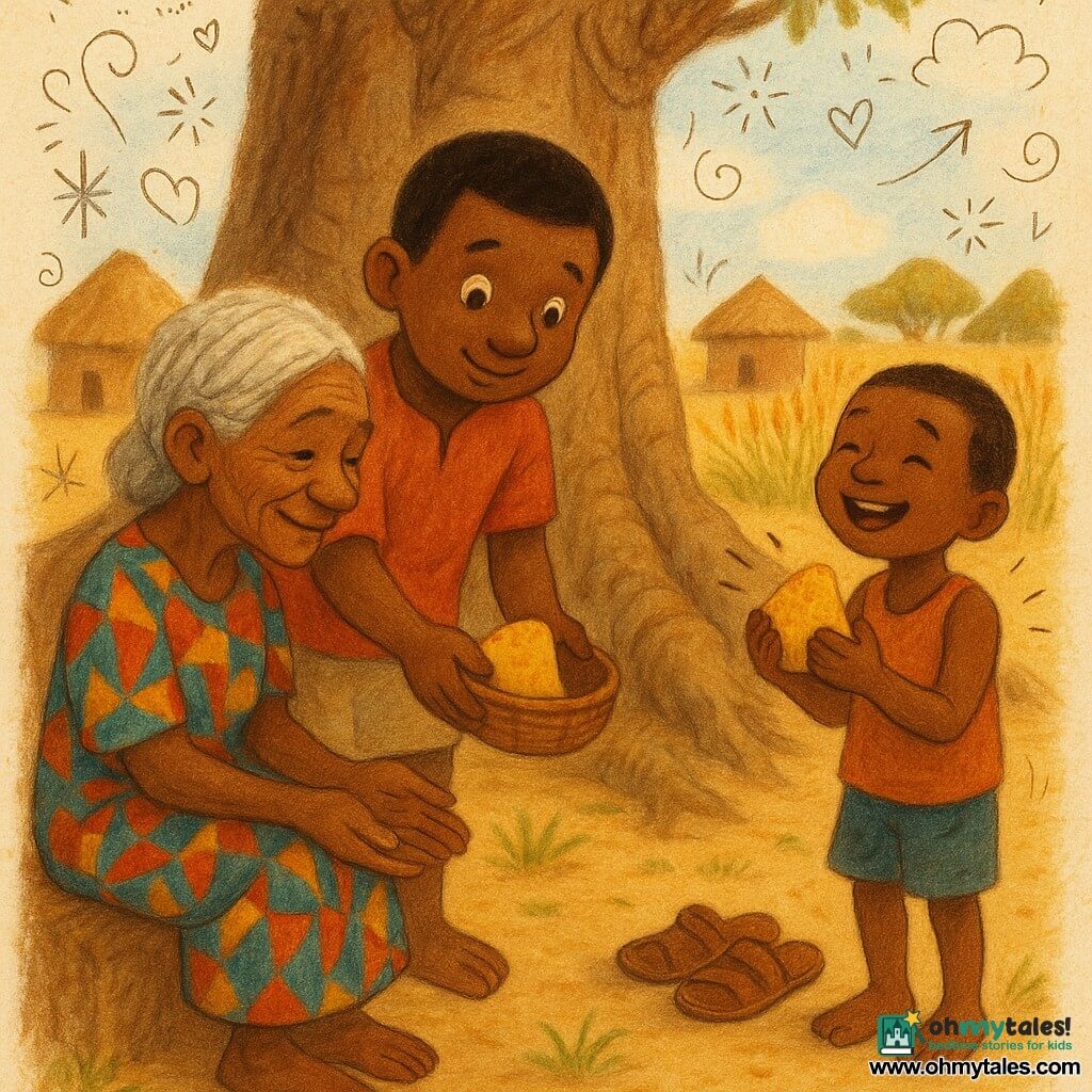 A young man named Kofi, round-faced with a shy smile, bright eyes and chocolate skin, holds an open small wicker basket and offers a piece of millet cake; an elderly woman, Nana Ama, about 70 with fine white braids and gentle wrinkles, sits at the base of a massive baobab to Kofi's left and accepts a share with a kindly smile; a barefoot six-year-old boy with short hair stands to Kofi's right applauding while holding the larger piece, shoes worn nearby; the village square under the baobab has sandy ground, a few clay huts and golden millet fields in the background, and the scene shows the warm communal sharing of the last cake with Kofi splitting it in two, one half for Nana Ama and one for the boy, in warm ochre, red and yellow tones.