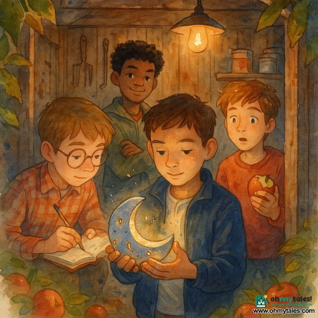 Four 12-year-old boys: Jayden, short brown hair, navy jacket, gently holding a moon-shaped metal box at the center front-left with a serious but kind look; Milo, light brown hair, red hoodie, mouth slightly open as if relieved, holding a bitten apple to Jayden’s right and slightly back; Theo, curly black hair, khaki jacket, arms crossed with a smirk, standing center-rear behind Jayden; Finn, pale, round glasses, plaid shirt, notebook open and pencil in hand taking notes, left near Jayden leaning toward the box. A small wooden shed at the back of a garden with worn boards, tools on the walls, stacked paint pots, warm lamp light casting long shadows, framed by leaves and scattered apples on the ground. The four young investigators discover the metal collection box hidden under dusty paint pots—a revelation moment with subtle watercolor splashes around the box, soft reflections on the metal, and mixed expressions of relief, shame, and empathy.