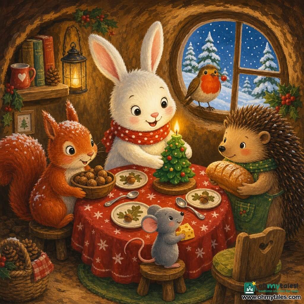 Bella Bunny, a small white rabbit with long soft ears and a pink nose wearing a red polka-dot scarf, places a tree-shaped candle at the center of a wooden table; a red squirrel with twinkling eyes and snowy cheeks holds a bowl of hazelnuts to her left; a shy brown hedgehog with soft quills holds a warm loaf to the right near a low chair; a curious gray mouse with round ears perches on the red snowflake tablecloth holding a piece of cheese in front of Bella; a bright-bellied robin sits on the windowsill with a berry in its beak; cozy burrow interior with a rustic wooden table, star-folded red cloth, painted plates, shiny spoons, a lit candle casting golden light, and a round window showing snowy pines outside — a warm Christmas scene of friends sharing food and smiles in gouache-like thick textures and warm colors.