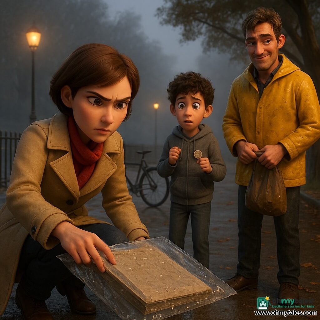 A calm, focused female detective in her early 30s with a determined face, short chestnut hair, a fitted beige trench coat and red scarf crouches to reach for a large wet register wrapped in a clear plastic bag. Behind her, Theo (about 12), anxious but brave, with curly hair and a gray hoodie and a volunteer badge, watches near a bike leaning against a fence, clenching his fists. A tired-faced, smug man, Cal (about 40), in a bright yellow wet-stained raincoat stands a few paces away under a large tree with hands in a bag, nervous and defiant. The scene is a gray riverside alley with wet cobbles reflecting streetlights, a slightly rusted metal gate, bike rack and stuck leaves, light mist over the water; droplets hang in the air and wet folds show on the plastic, the golden streetlight reflecting on Cal’s coat. Visual style: soft colorful 3D render, realistic textures (drops, fabric, rust), clear readable expressions, close compositions with depth of field, slightly dramatic but child-appropriate.