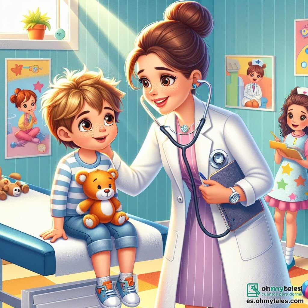 La doctora Clara, una mujer de unos treinta años con el cabello castaño recogido en un moño, lleva una bata blanca y un estetoscopio alrededor del cuello. Sonríe cálidamente mientras se inclina hacia un niño pequeño, Leo, de aproximadamente 7 años, con el cabello rubio desordenado y ojos azules llenos de preocupación. Leo, sentado en una mesa de examen, mira a Clara con esperanza, sosteniendo un peluche en sus brazos. Junto a Clara está Ana, una enfermera alegre de unos veinte años, con cabello rizado y un uniforme colorido. Ella sonríe y sostiene un cuaderno en el que dibuja estrellas para distraer a Leo, manteniéndose un poco apartada pero lista para intervenir. La escena transcurre en una clínica luminosa y acogedora, con paredes pintadas en colores pastel, carteles de dibujos animados sobre salud y juguetes esparcidos por el suelo. Una ventana deja entrar la luz del sol, creando una atmósfera cálida. Clara examina a Leo con su estetoscopio, explicando calmadamente lo que hace, mientras Ana, con una gran sonrisa, intenta hacer reír a Leo mostrándole sus dibujos.