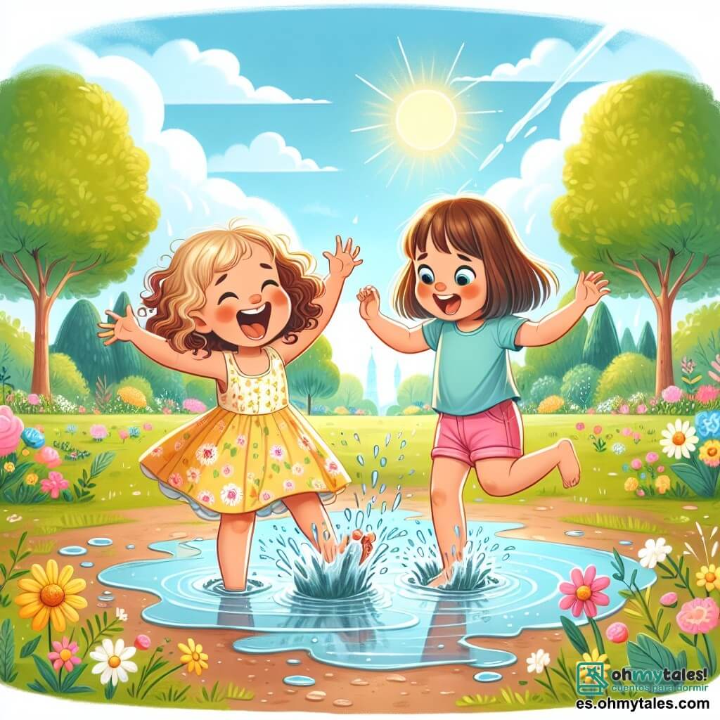 Dos niñas, Lola y Ana, están en el centro de la imagen. Lola, de 7 años, tiene el cabello rizado castaño y lleva un vestido amarillo con flores. Está saltando en un gran charco, salpicando agua a su alrededor con una gran sonrisa. Ana, también de 7 años, tiene el cabello liso rubio y lleva una camiseta azul con un short rosa. Está justo al lado de Lola, riendo a carcajadas mientras se prepara para saltar en el charco. El fondo es un parque soleado, con grandes árboles verdes, flores coloridas y un cielo azul con algunas nubes blancas. La situación principal muestra a las dos amigas divirtiéndose juntas, saltando en el charco y riendo, creando una atmósfera alegre y llena de vida.
