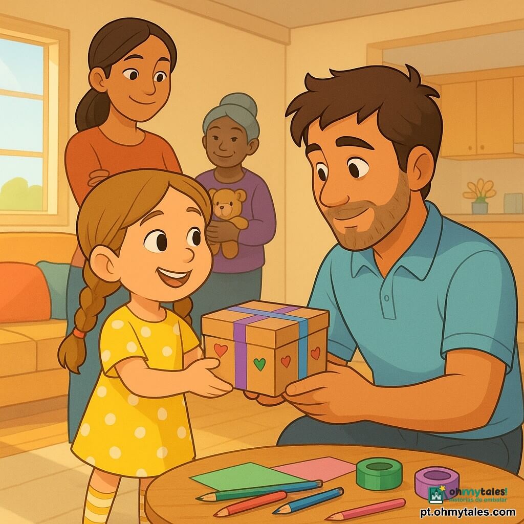 Menina de 6 anos, rosto redondo, cabelo castanho-claro em duas tranças, sorridente e orgulhosa, segura uma pequena caixa de cartão decorada com fitas coloridas; veste um vestido amarelo com bolinhas brancas e meias listradas, o pai (cerca de 35 anos, barba rala, cabelo castanho bagunçado) ajoelhado diante dela, emocionado e sorrindo, segura uma tesoura ajudando a terminar a decoração; a mãe (cerca de 33 anos, cabelos longos presos) observa ao fundo da sala com um sorriso terno, mãos cruzadas no peito; a avó (cerca de 60 anos, cabelos grisalhos em coque) está perto da porta, rindo suavemente e segurando um ursinho de pelúcia; cena numa cozinha-sala iluminada com chão de madeira clara, mesa redonda, almofadas coloridas no sofá e raios de sol projetando sombras suaves no tapete; sobre a mesa papéis, lápis de cor, rolos de fita adesiva brilhante em violeta, verde e rosa e uma caixa aberta com corações desenhados à mão; atmosfera acolhedora, paleta viva e pastel, luz suave da manhã, texturas lisas e contornos nítidos em estilo cel-shading 3D cartoon, foco na caixa decorada e no olhar cúmplice entre a menina e o pai, composição centrada e íntima com leve profundidade de campo.