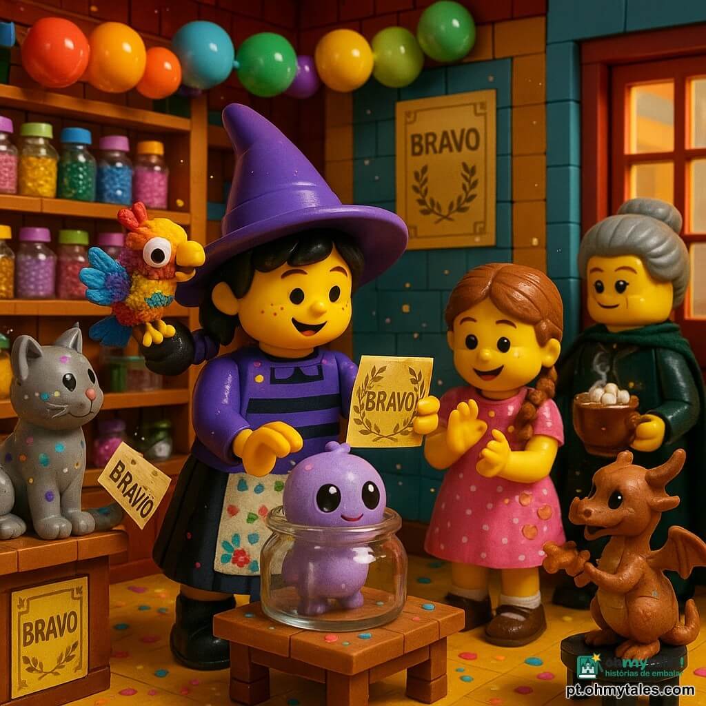 Bruxa principal: Mica, menina de ~12 anos, rosto redondo e sorridente, cabelos pretos em duas coques, chapéu pontudo roxo, vestido às riscas e avental florido com confetes; encantada e ligeiramente tímida, estende delicadamente um autocolante dourado “BRAVO” a um pequeno animal tímido. Pássaro: Pip, pássaro tricotado colorido no ombro direito de Mica, olhos de botão, batida de asas alegre, observa com malícia. Gato: Cosmo, gato cinzento malhado com manchas coloridas, ronrona sentado num balcão à esquerda, com um autocolante “BRAVO” colado na cauda. Criança adotante: menina de ~8 anos, vestido de bolinhas rosas, cabelo em trança, à direita segurando um pequeno dragão tímido que solta uma fumacinha cor de canela; aplaude suavemente. Senhora adulta: Sra. Groselha, cerca de 50 anos, cabelo apanhado, casaco de veludo verde, segura uma caneca de chocolate quente fumegante com mini-marshmallows luminosos, junto à porta. Criatura tímida: Zil, bolinha lavanda de grandes olhos brilhantes, começa a sair de um frasco de vidro na mesa central atraída pelo reflexo do autocolante dourado. Cenário: pequena loja mágica com prateleiras de madeira coloridas cheias de frascos cintilantes, guirlandas de balões, confetes no chão, cartazes dourados “BRAVO” e um gramofone antigo. Situação: momento de alegria bagunçada em que Mica cola o autocolante BRAVO e Zil sai timidamente do frasco; ambiente luminoso, cores quentes, faíscas e confetes no ar, expressões de surpresa e riso.