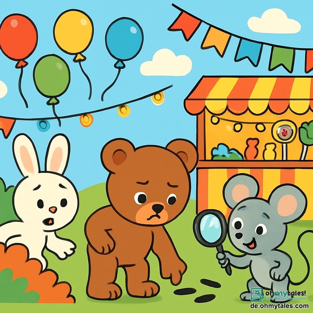 Ein kleiner Teddybär mit weichem braunem Fell und funkelnden Augen steht entschlossen und etwas besorgt in der Mitte der Szene und sucht den Boden nach Hinweisen ab. Rechts von ihm schaut eine kleine graue Maus mit großen runden Ohren und einem schelmischen Lächeln aufgeregt umher, während sie eine Lupe in ihren kleinen Pfoten hält. Links sieht ein großer weißer Hase mit weit aufgerissenen Augen verwirrt aus, während er in einem bunten Busch herumwühlt. Der Ort ist ein fröhliches Festival, gefüllt mit bunten Ballons, die am blauen Himmel schweben, Süßigkeitenständen und glitzernden Lichtergirlanden. Die Hauptsituation zeigt die drei Freunde bei ihrer Ermittlung, während sie den verlorenen Ballon zwischen dem Lachen und den strahlenden Farben des Festivals suchen.