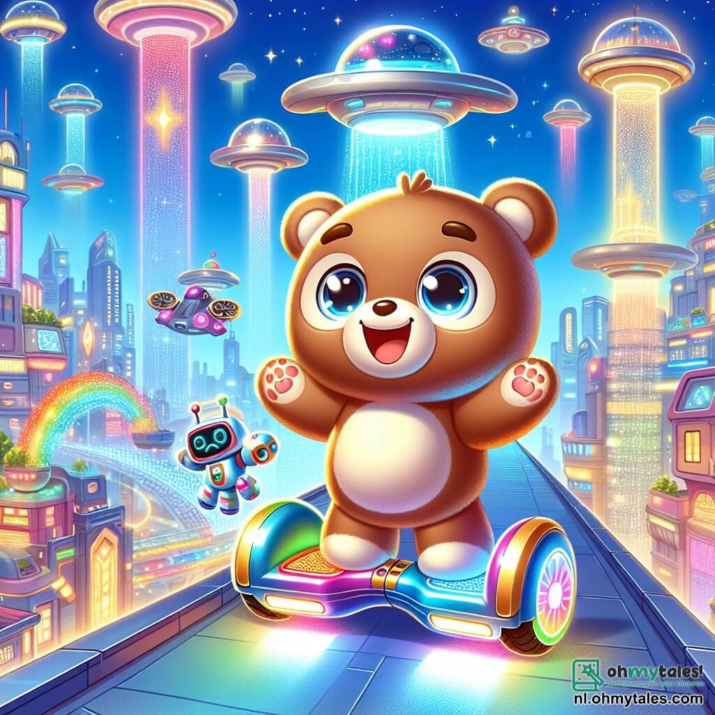 Een kleine teddybeer met een zachte bruine vacht en grote glanzende ogen, vliegt vrolijk op een kleurrijke hoverboard, met een stralende glimlach en een opgewonden uitdrukking. Naast hem zweeft een klein robotje met ronde vormen en knipperende lichten, met een verwonderde uitdrukking, in de lucht met zijn armen omhoog in vreugde. De scène speelt zich af op de top van een hoge futuristische toren, omringd door glinsterende gebouwen in felle kleuren, met hangende tuinen en vliegende voertuigen in de blauwe lucht. Multikleurige lichten verlichten het landschap en creëren een feestelijke en magische sfeer. In deze hoofdscène hebben de beer en de robot net de Grote Glimlamp aangestoken, die fel straalt en de stad Glimlassia verlicht, terwijl het de lucht vult met vreugde en verwondering.