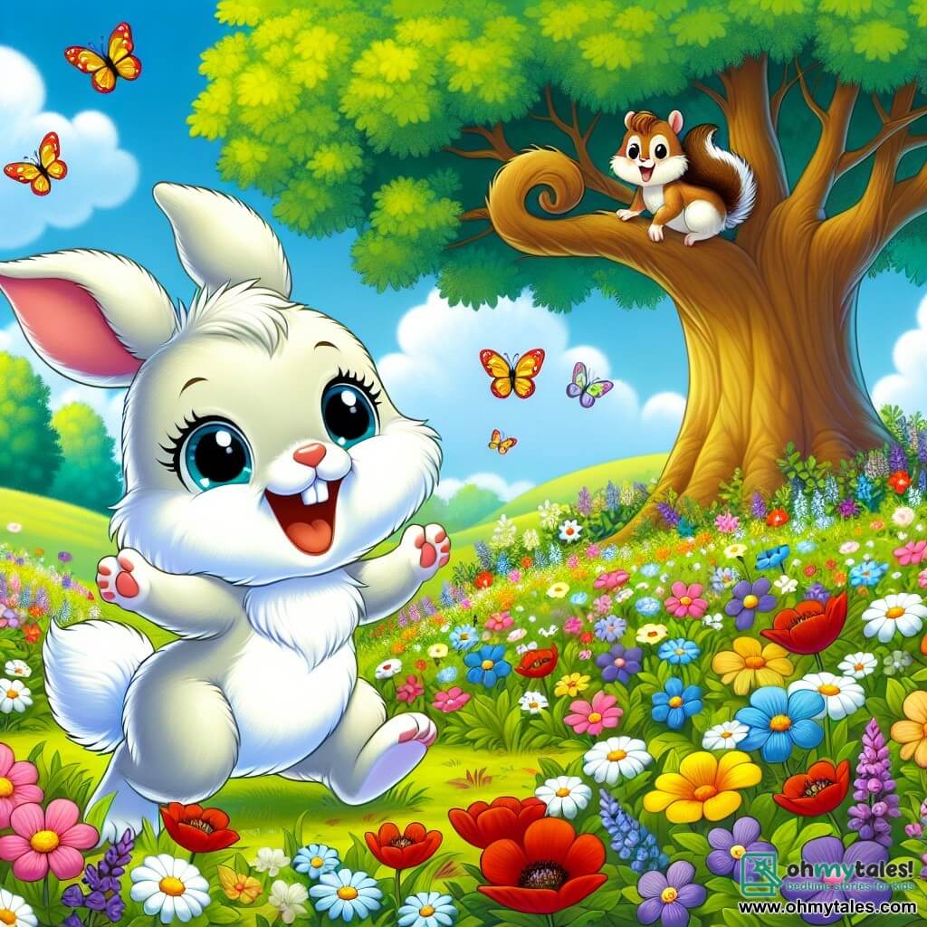 An illustration depicts a small rabbit with soft white fur and bright, curious eyes joyfully hopping in a colorful flower field. It has a big smile, expressing excitement and joy for the adventure. Nearby, a small squirrel with brown fur and a bushy tail climbs a tree branch, looking at the rabbit with a playful grin, eager to join the fun. The main setting is a vast green meadow dotted with vibrant flowers: red poppies, yellow daisies, and purple violets. A majestic oak tree stands in the center, providing shade and shelter. The scene shows the rabbit and squirrel preparing for a spring treasure hunt, surrounded by their excited animal friends. Other graphic elements include colorful butterflies fluttering around the flowers, birds singing in the trees, and a clear blue sky with fluffy white clouds, creating a cheerful and playful atmosphere.