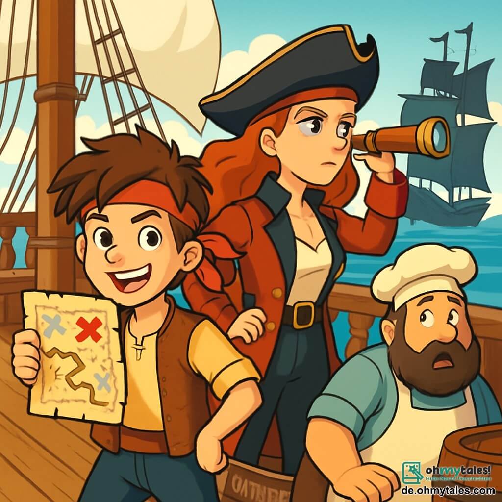 Emilio, ein junger Junge mit zerzausten braunen Haaren und funkelnden Augen, steht auf dem Deck des Schiffes "Sturmbraut". Er trägt eine abgenutzte Lederweste und ein rotes Bandana und hält entschlossen eine Schatzkarte in der Hand. An seiner Seite beobachtet die Kapitänin Rosa Rotbart, eine mutige Frau in den Dreißigern mit langen roten Haaren und einem durchdringenden Blick, den Horizont mit einem Teleskop, bereit, Befehle zu erteilen. Bartolo, der große Koch mit rundem Bauch und vollem Bart, steht in der Nähe der Küche und sieht besorgt das sich nähernde feindliche Schiff. Die Szene spielt sich auf dem Holzdeck der "Sturmbraut" ab, wo die weißen Segel im Wind wehen und die Wellen unter der Sonne glitzern. Im Hintergrund taucht die bedrohliche Silhouette der "Schwarzen Möwe" aus dem Nebel auf, ihre schwarzen Segel erheben sich wie Schatten am blauen Himmel. Die Spannung ist spürbar, während Emilio sich darauf vorbereitet, sein Schiff gegen den bevorstehenden Angriff der feindlichen Piraten zu verteidigen.