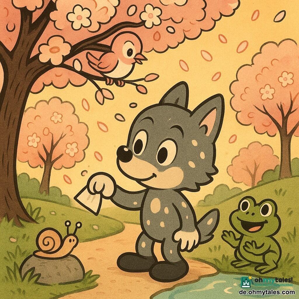 Die Hauptfigur ist ein kleines anthropomorphes Wolfskind mit weichem grauem Fell und weißen Flecken, runden schelmischen Augen und zarter, entschlossener Mimik; es hebt behutsam ein Papier mit der Pfote unter einem blühenden Baum auf, rechts auf dem Teichrand sitzt eine runde grüne Froschfigur, die freudig klatscht, links beobachtet eine schimmernde Schnecke mit perliger Schale auf einem Stein die Szene, über dem Wolf sitzt ein rosa-weißes Singvögelchen und neigt aufmunternd den Kopf; Ort: ein von weiß- und rosablühenden Bäumen gesäumter Gehweg mit fallenden Blütenblättern, einem funkelnden Teich, zartgrünen Blättern und goldenen Sonnenstrahlen bei Sonnenuntergang; Handlung: der Wolf macht eine schützende, sanfte Geste, hebt das Papier auf, um die Natur sauber zu halten, mit Blütenblättern im Fell, friedliche, warme Stimmung; Stil: lebendige Pastellfarben, dicke schwarze Konturen im Rubber‑hose‑Look, runde einfache Proportionen, leicht körnige Textur für ein retro-kindliches Erscheinungsbild.