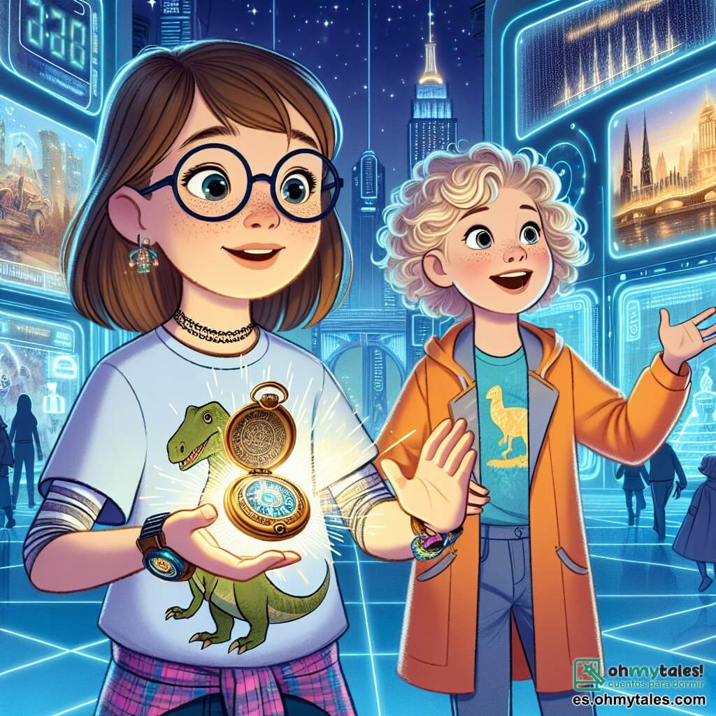 En el centro de la imagen, una niña de 11 años, Clara, se encuentra con una mirada asombrada y curiosa. Tiene el cabello largo y castaño, gafas redondas y lleva una camiseta colorida con un diseño de dinosaurios. Sus ojos brillan de emoción mientras sostiene un pequeño y antiguo reloj de bolsillo, iluminado por un resplandor mágico. A su derecha, Lía, una niña de 11 años con cabello rubio y rizado, sonríe con entusiasmo. Lleva un traje futurista de colores vivos y parece lista para llevarla a una nueva aventura. El escenario es una ciudad futurista, con edificios de vidrio brillante, vehículos voladores en el cielo y árboles luminosos que añaden un toque de magia al entorno. La escena principal muestra a Clara y Lía, de pie en un parque tecnológico, rodeadas de hologramas que representan escenas históricas. Clara, maravillada, mira el cielo estrellado, lista para pedir un deseo de viaje en el tiempo, mientras Lía le explica las maravillas del futuro.