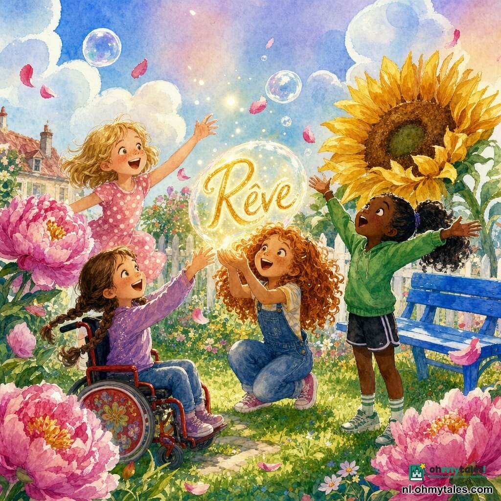 Vier meisjes: Anna (9) met kastanjebruin haar in vlechten, lachtend, zit in een kleine rode rolstoel met bloemen linksvoor en reikt naar het lichtende woord; Lisa (9) met kort blond haar en sproeten, gestippelde jurk, staat achter Anna links op haar tenen; Noor (8) met zwart haar in staartjes, groen truitje en sportieve outfit rechts van Anna, armen wijd en verwonderd naar de lucht kijkend; Eva (9) met rood krullend haar en blauwe tuinbroek houdt het glanzende woord voorzichtig in het midden terwijl ze licht hurkt. Locatie: zonnige dorpstuin met groene grasmat, overdreven grote bloemen (pioenen en zonnebloemen dubbel zo groot als een kind), witte houten schutting, felblauw bankje en pastelkleurige aquarelhemel met wolken in bubbelvorm. Situatie: een klein lichtgevend woord in gouden zwevende letters daalt als een fonkelende bel naar de meisjes; sfeer absurd en speels met verzadigde kleuren, zachte schaduwen, aquarelachtige lijnen, glinsterende deeltjes rond het woord, draaiende vallende bloemblaadjes en uitgesproken verwondering op hun gezichten.
