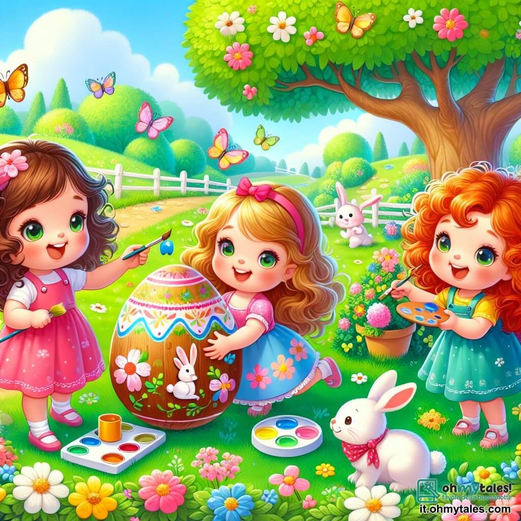 In un giardino soleggiato, tre bambine di tre anni sono impegnate in un'attività. Mia, con i capelli castani e ricci, indossa un vestito rosa e tiene una tavolozza di colori, decorando un grande uovo di legno con motivi floreali. Accanto a lei, Lila, con i capelli biondi e lisci, indossa un vestito blu e sorride con un pennello in mano, pronta ad aggiungere colori vivaci a un uovo a forma di coniglio. Infine, Sara, con i capelli rossi e ricci, indossa un vestito giallo e si inginocchia vicino a un cespuglio, scoprendo un uovo di cioccolato nascosto, con gli occhi brillanti di eccitazione. Il giardino è pieno di fiori colorati, farfalle svolazzanti e un grande albero con foglie verdi. Sullo sfondo, un cielo blu chiaro illumina la scena, creando un'atmosfera gioiosa e primaverile. Le tre amiche stanno preparando una caccia alle uova di Pasqua, ridendo e divertendosi mentre decorano i loro uova e cercano sorprese di cioccolato nascoste nel giardino magico.